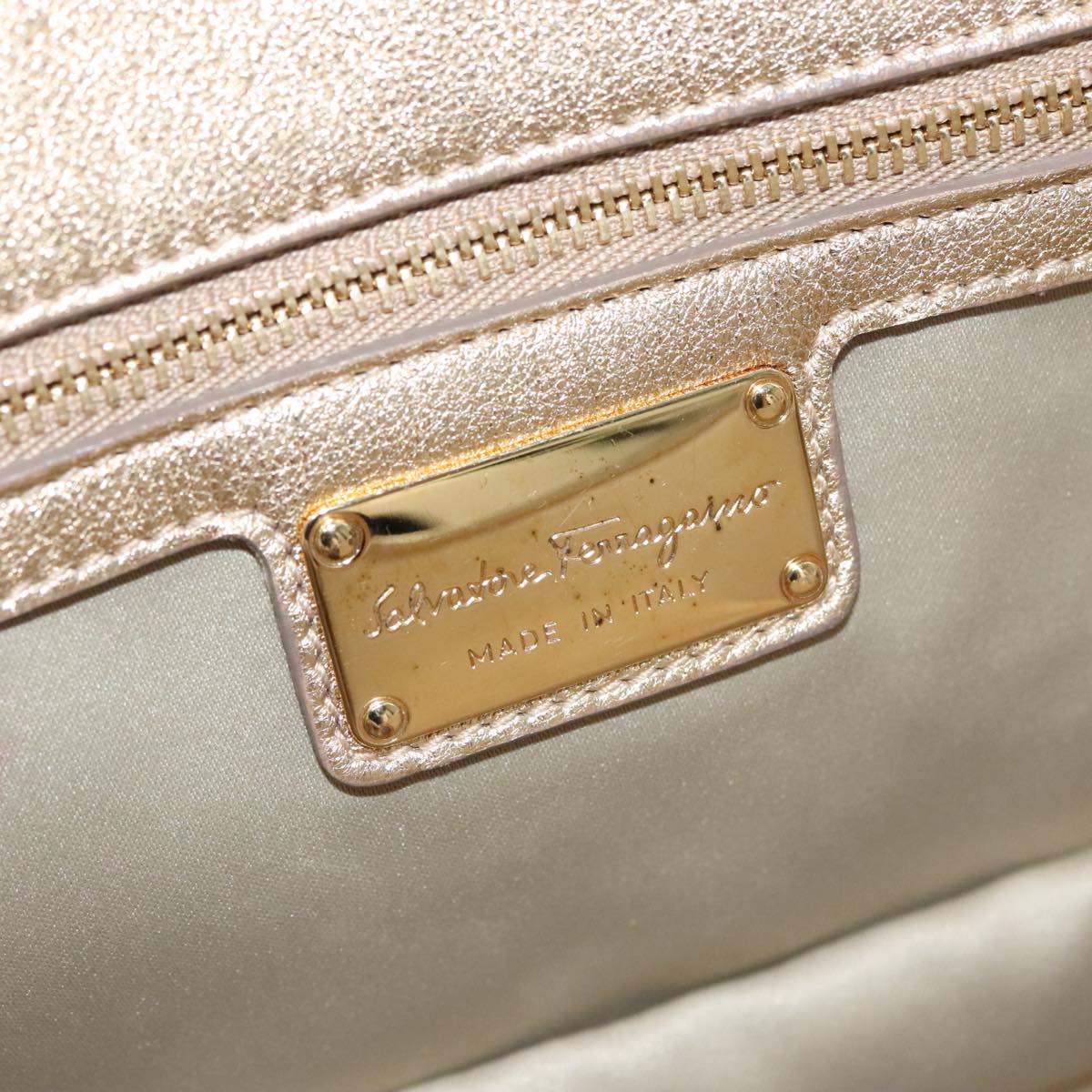 Salvatore Ferragamo Vara Gold Canvas Shoulder Bag (Pre-Owned)