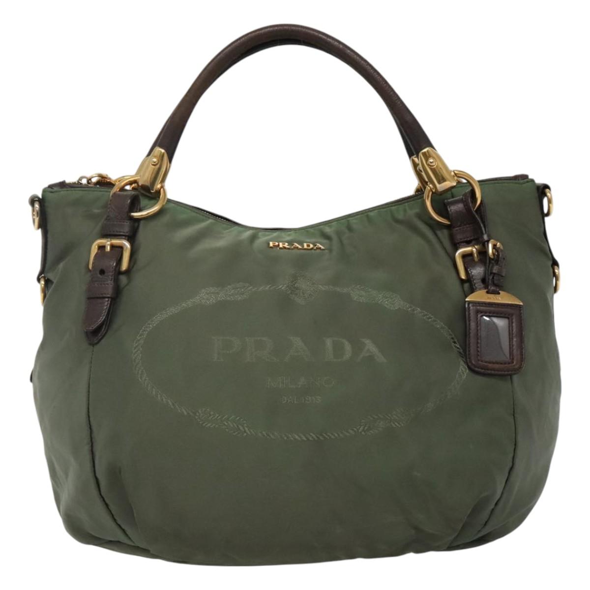 Prada Logo Jacquard Khaki Synthetic Handbag (Pre-Owned)