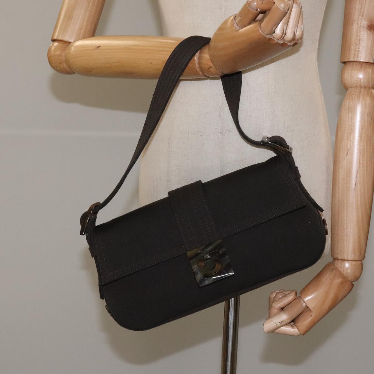 Salvatore Ferragamo Gancini Black Canvas Shoulder Bag (Pre-Owned)