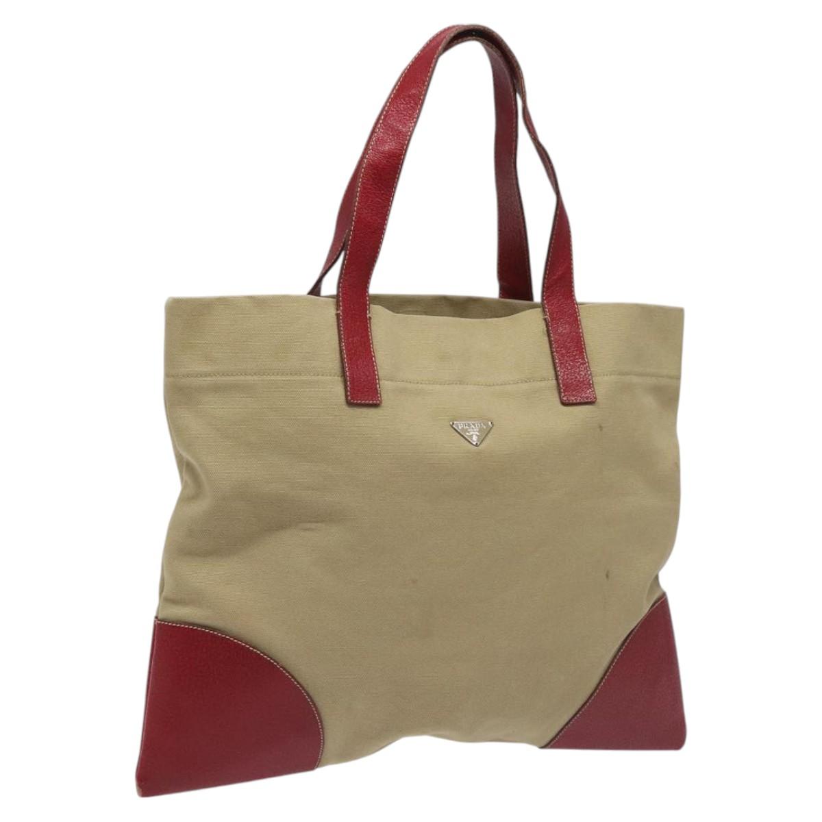 Prada Triangle Logo Beige Canvas Tote Bag (Pre-Owned)