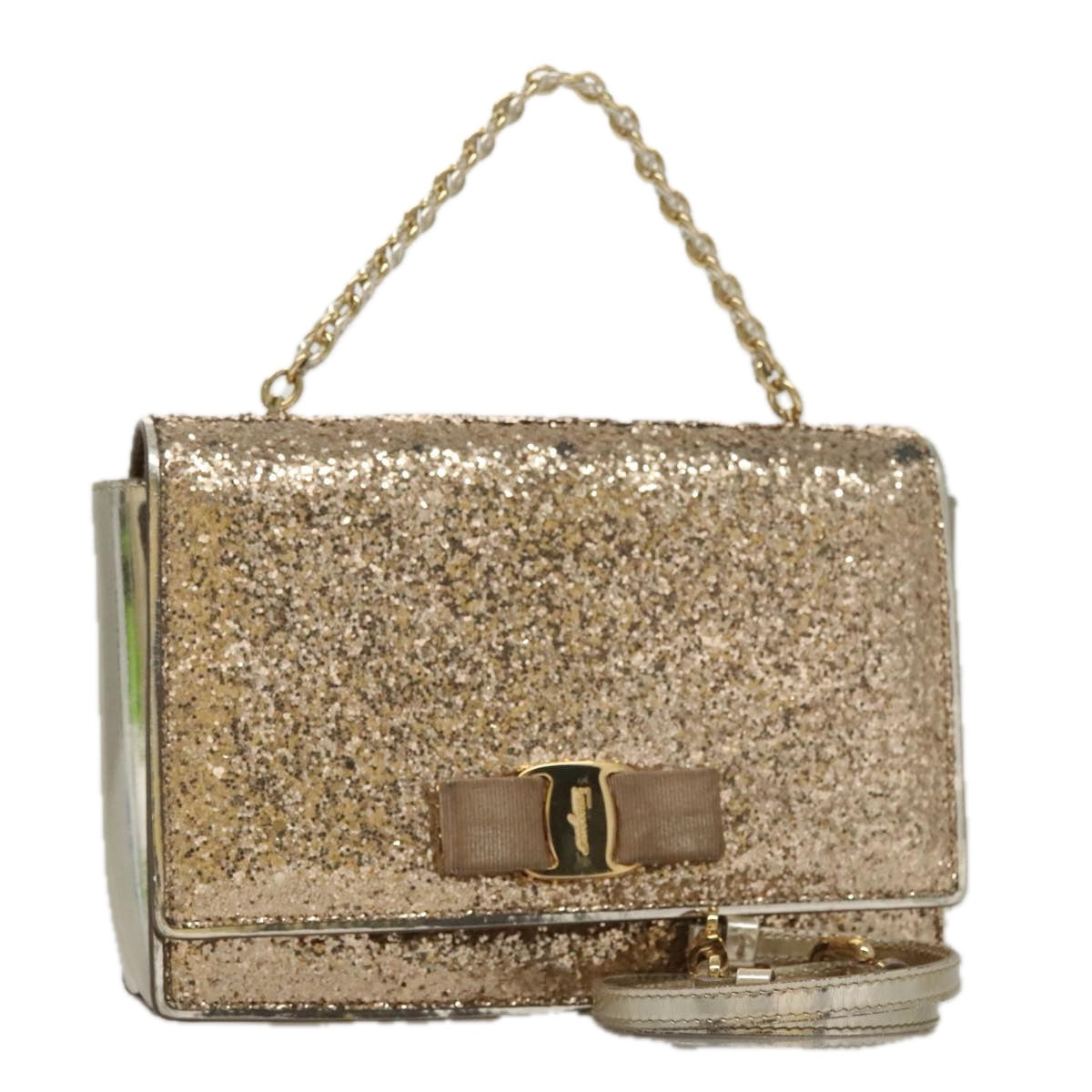 Salvatore Ferragamo Vara Gold Canvas Shoulder Bag (Pre-Owned)