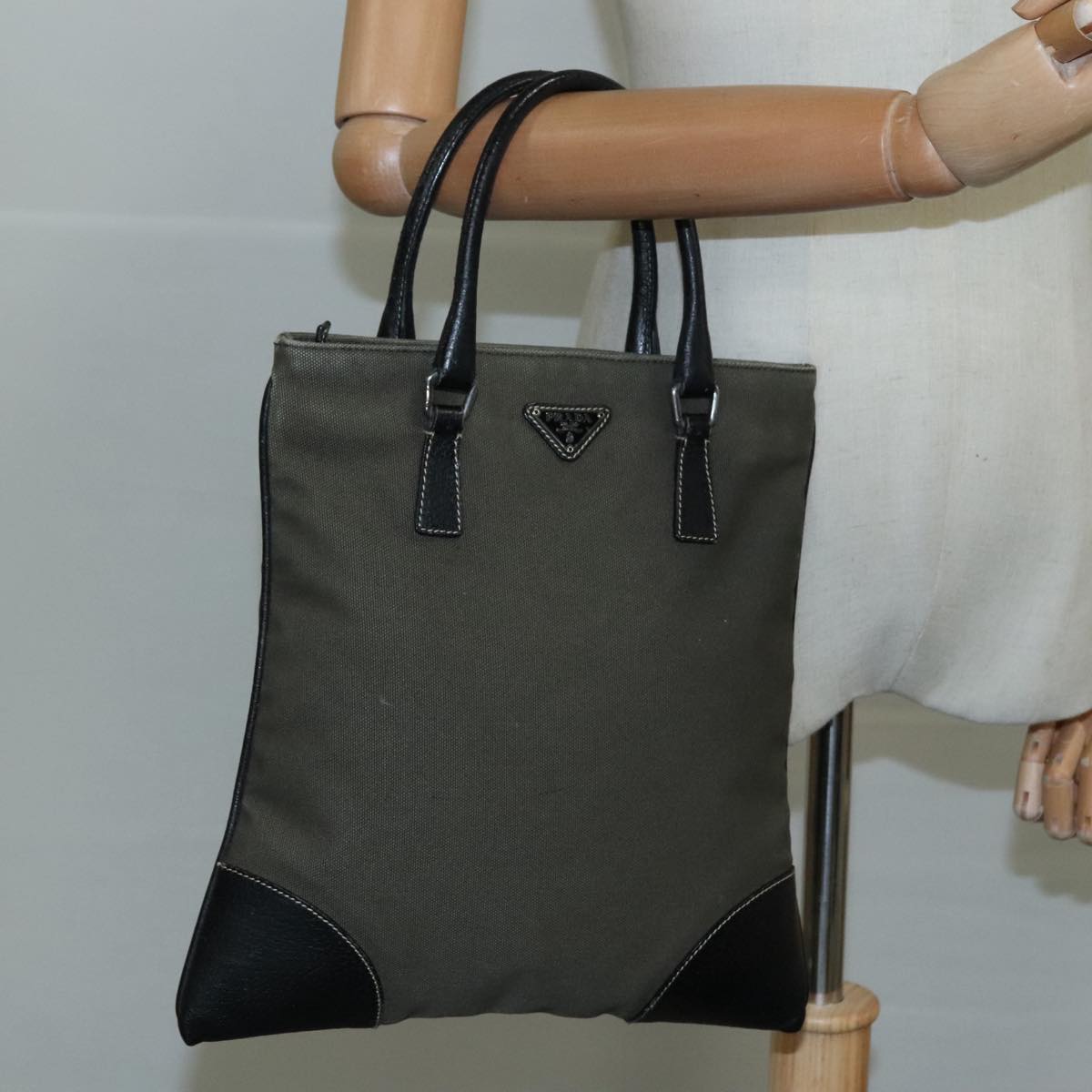 Prada Triangle Logo Khaki Canvas Handbag (Pre-Owned)