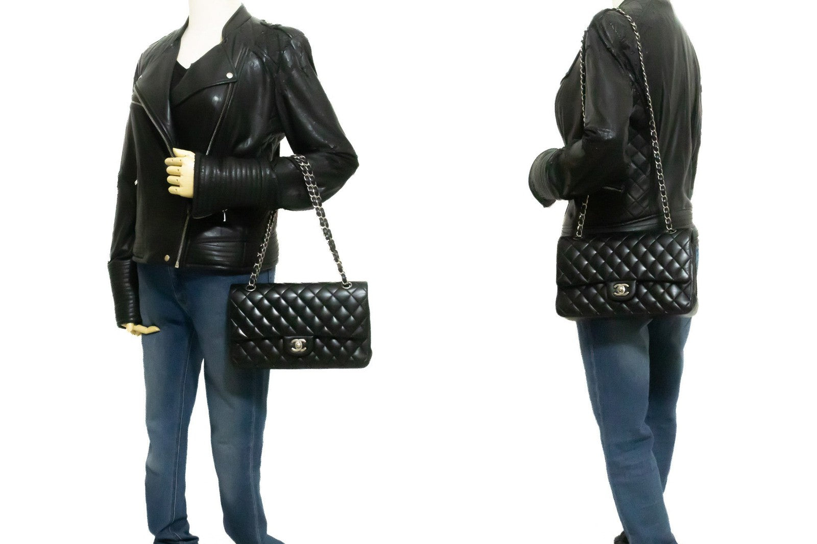 Chanel Classic Double Flap Quilted Lambskin Black Leather Handbag (Pre-Owned)