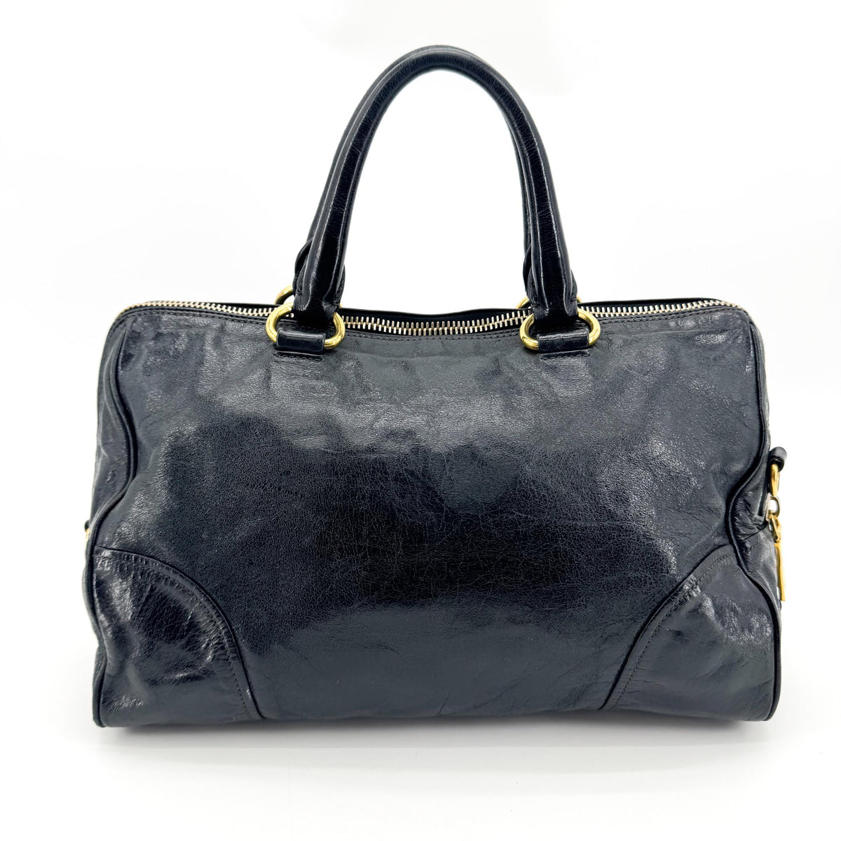 Prada Convertible Boston Vitello Shine Black Leather Handbag (Pre-Owned)