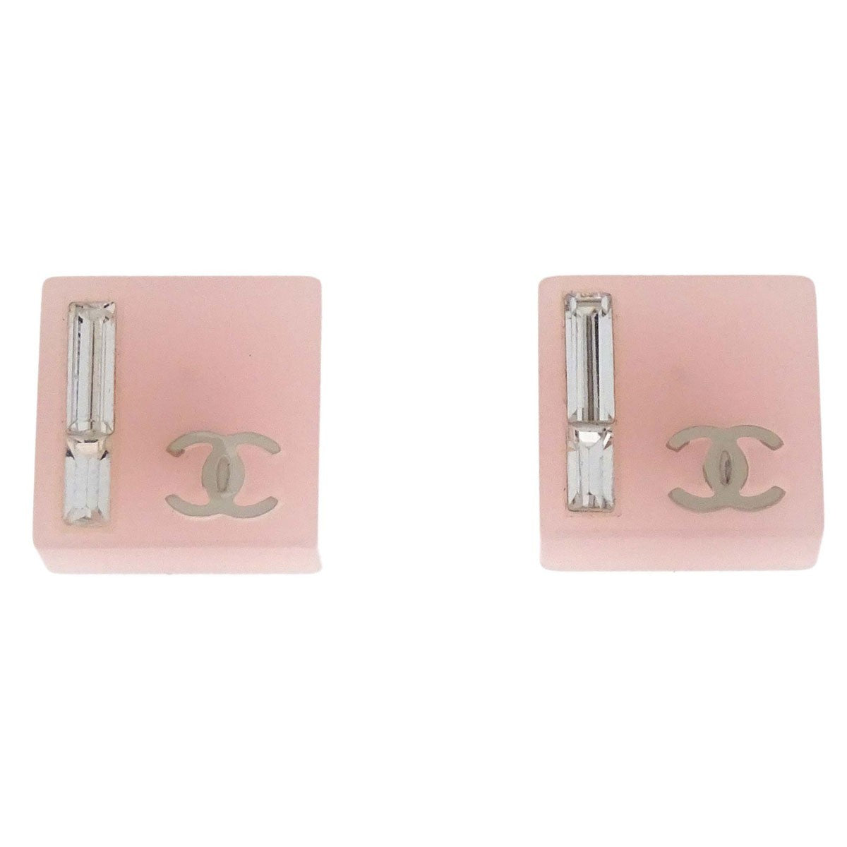 Chanel Cc Square Stud Metal With Crystals And Faux Pearls Pink Silver_Plated Earrings Jewelry (Pre-Owned)