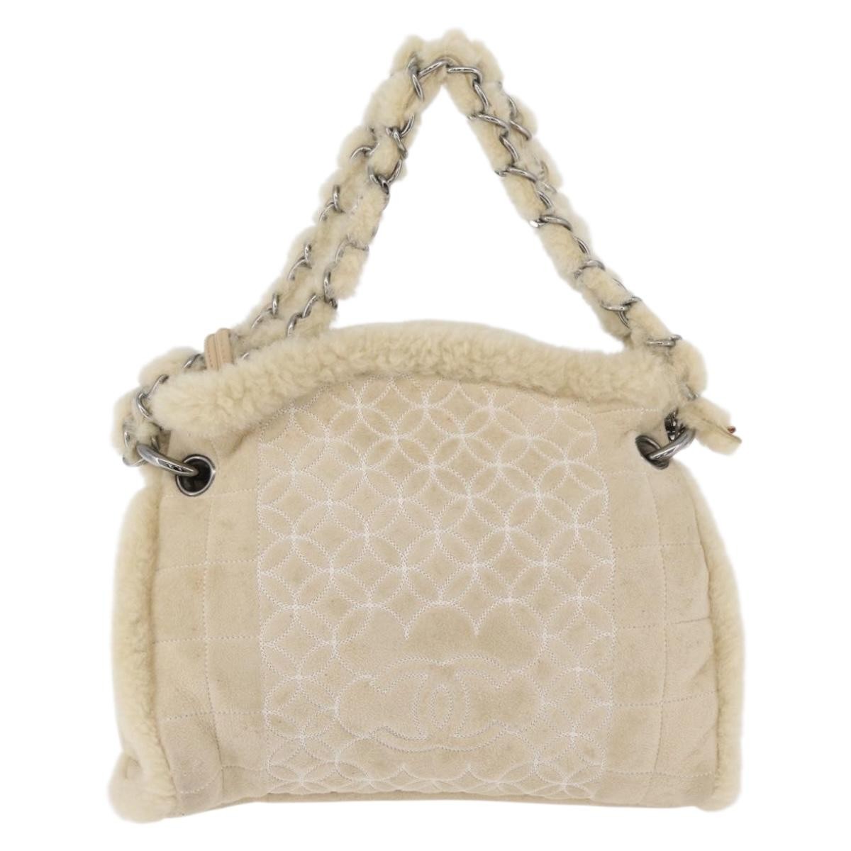 Chanel Vintage Embroidered Cc Chain Tote Quilted Suede And Shearling Beige Canvas Tote Bag Bag (Pre-Owned)