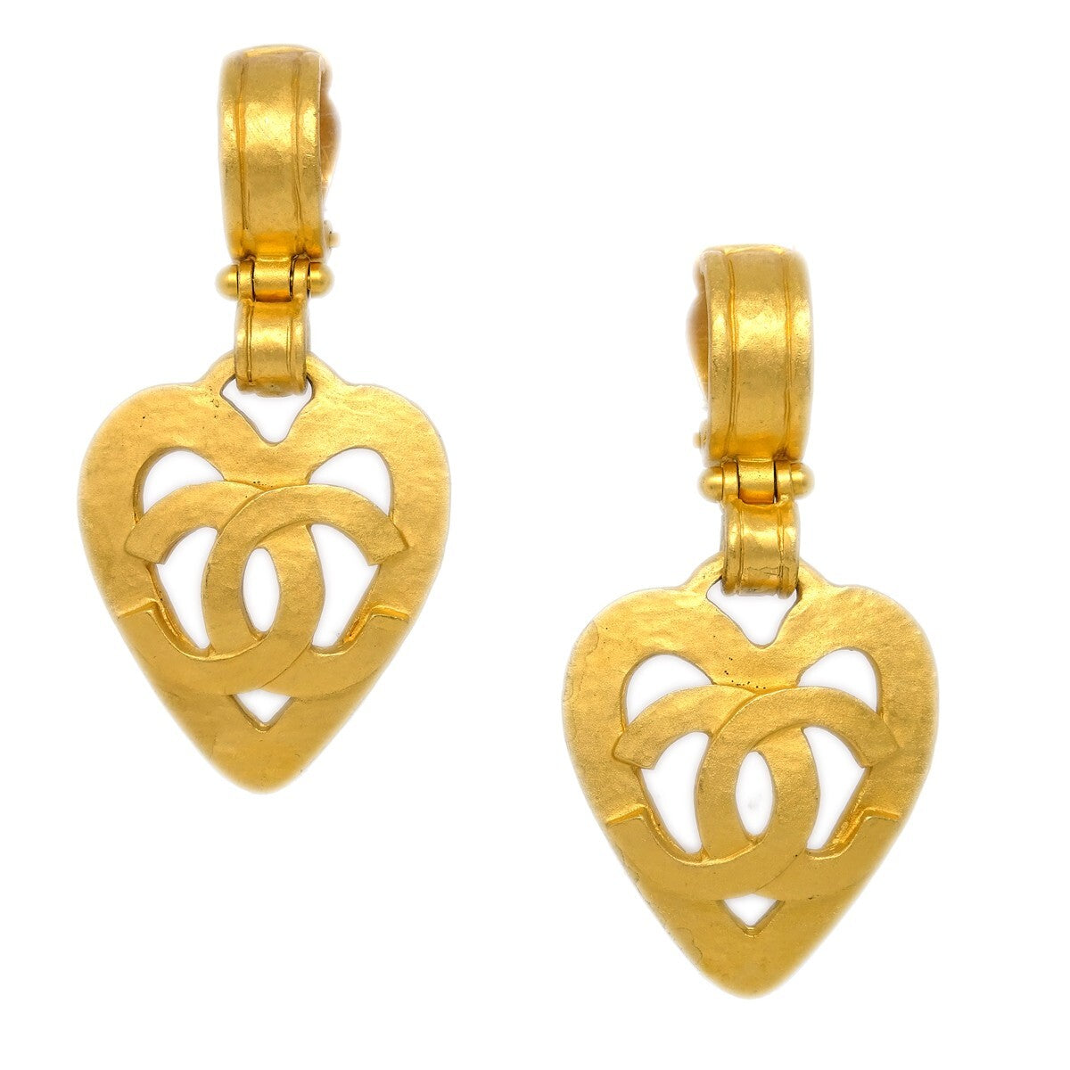 Chanel Vintage Cc Heart Cut Out Drop Clip-On Metal Gold Gold_Plated Earrings Jewelry (Pre-Owned)