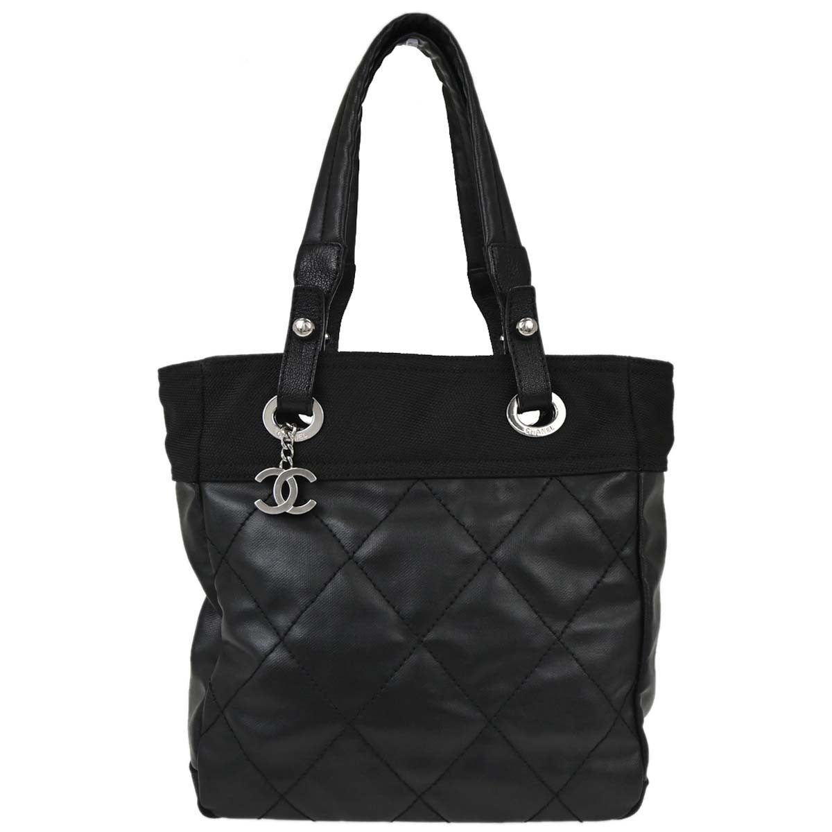 Chanel Biarritz Tote Quilted Coated Canvas Black Canvas Tote Bag Bag (Pre-Owned)