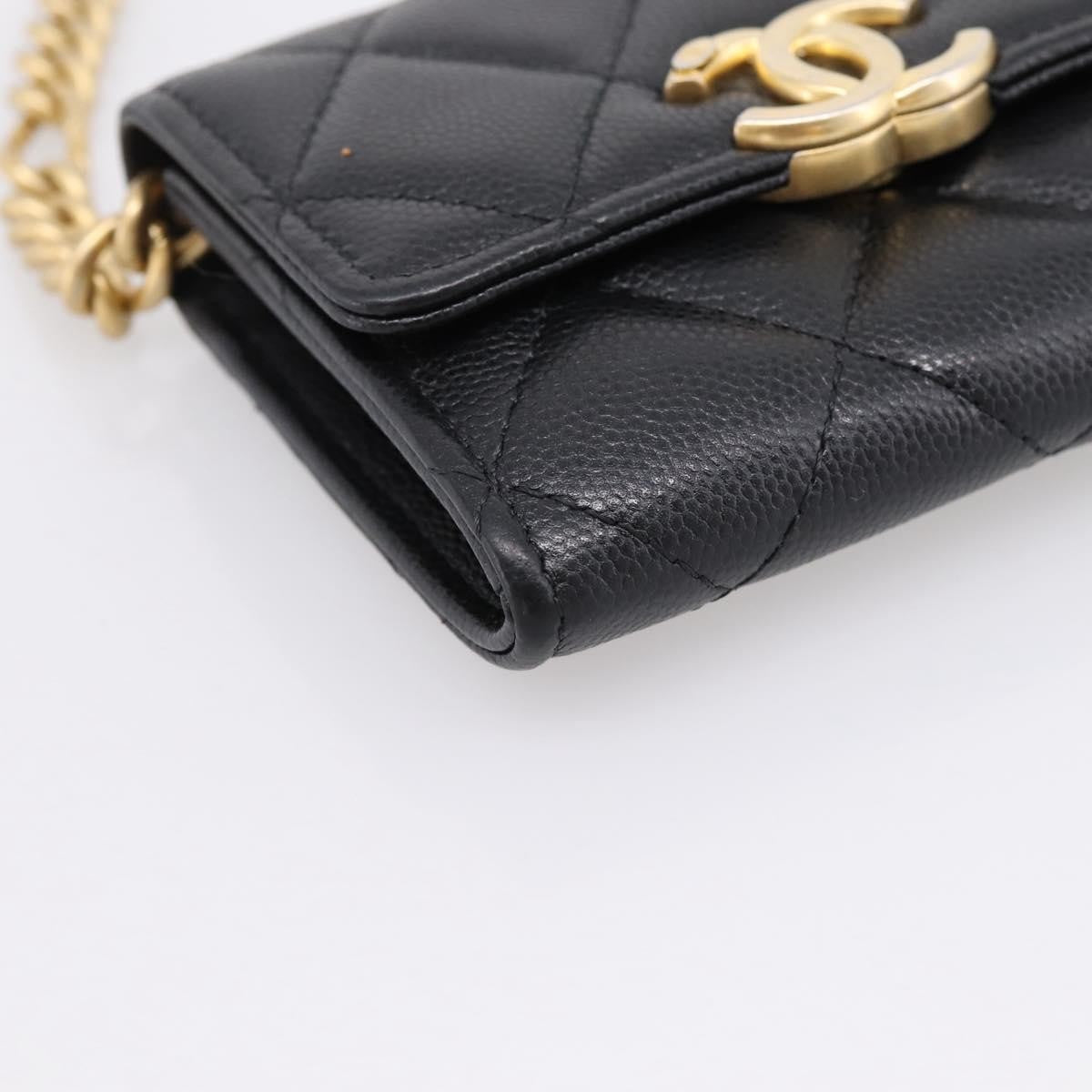 Chanel Plate Logo Cc Flap Card Holder On Chain Quilted Caviar Black Leather Clutche & Pouche Bag (Pre-Owned)