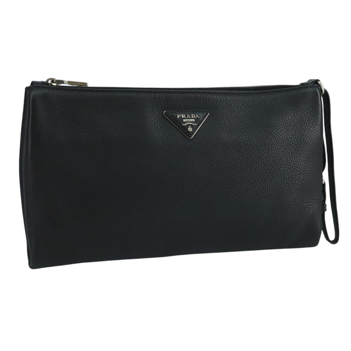 Prada Triangle Logo Black Leather Clutch Bag (Pre-Owned)