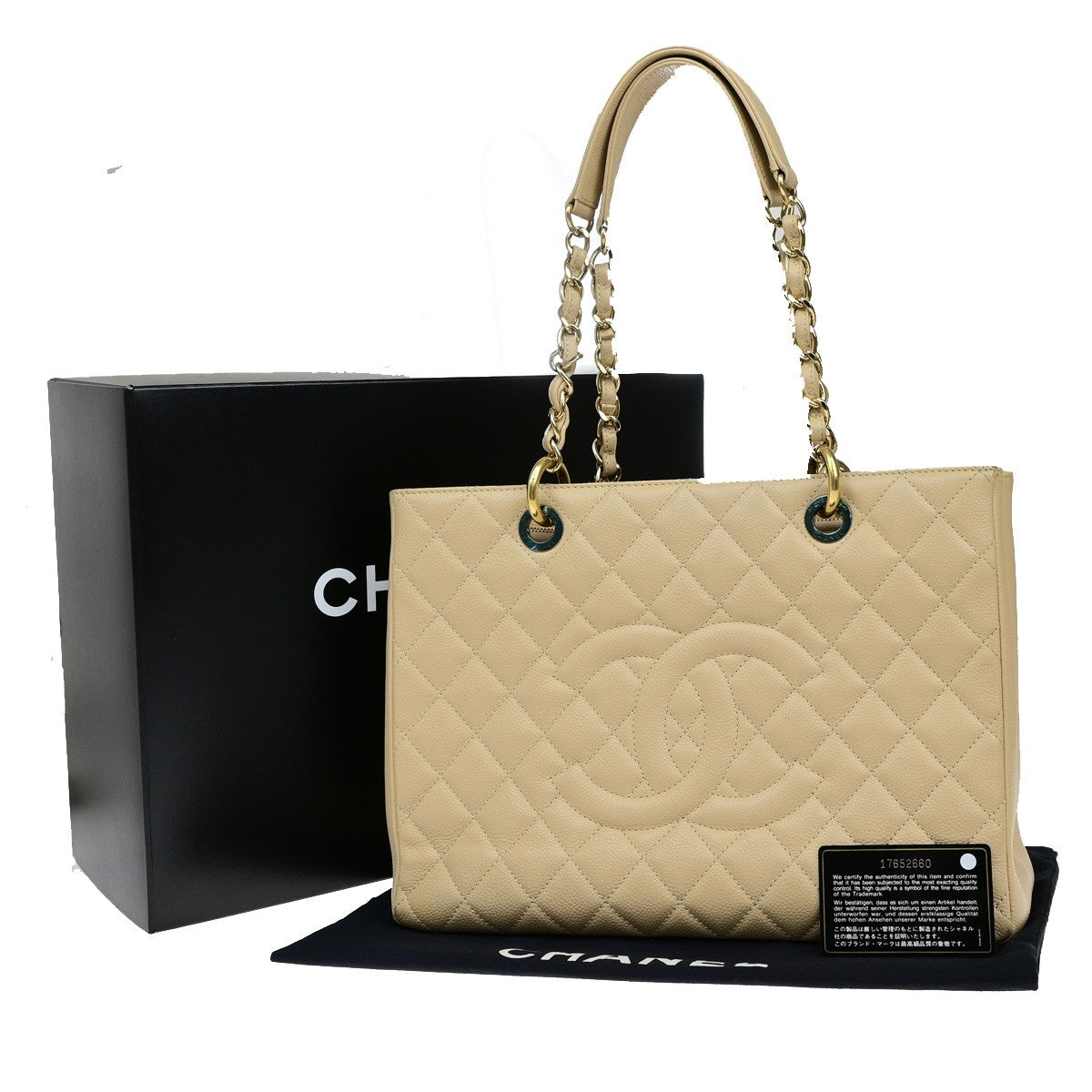 Chanel Grand Shopping Quilted Caviar Beige Leather Tote Bag Bag (Pre-Owned)
