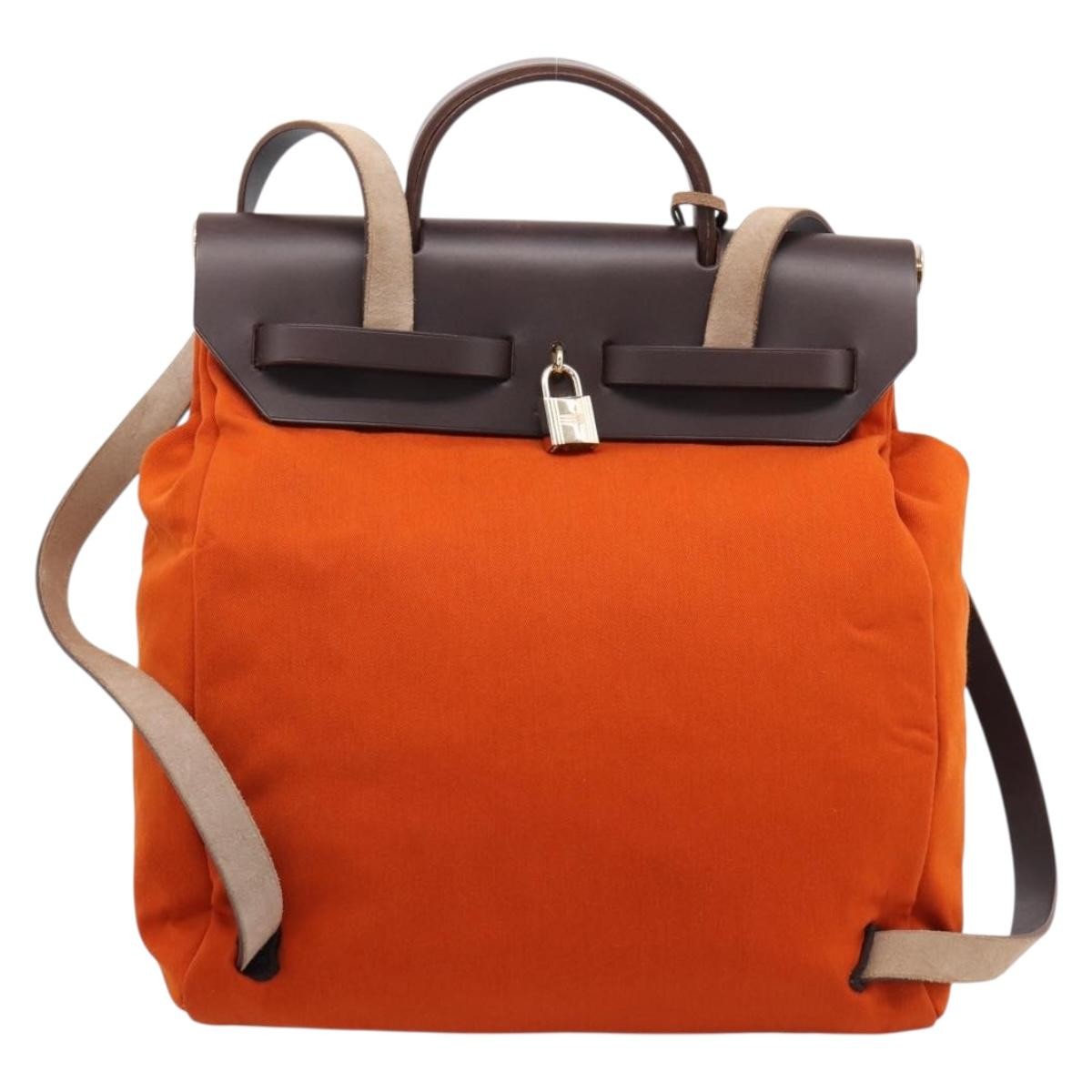 Hermes Herbag A Dos Toile Orange Canvas Backpack Bag (Pre-Owned)