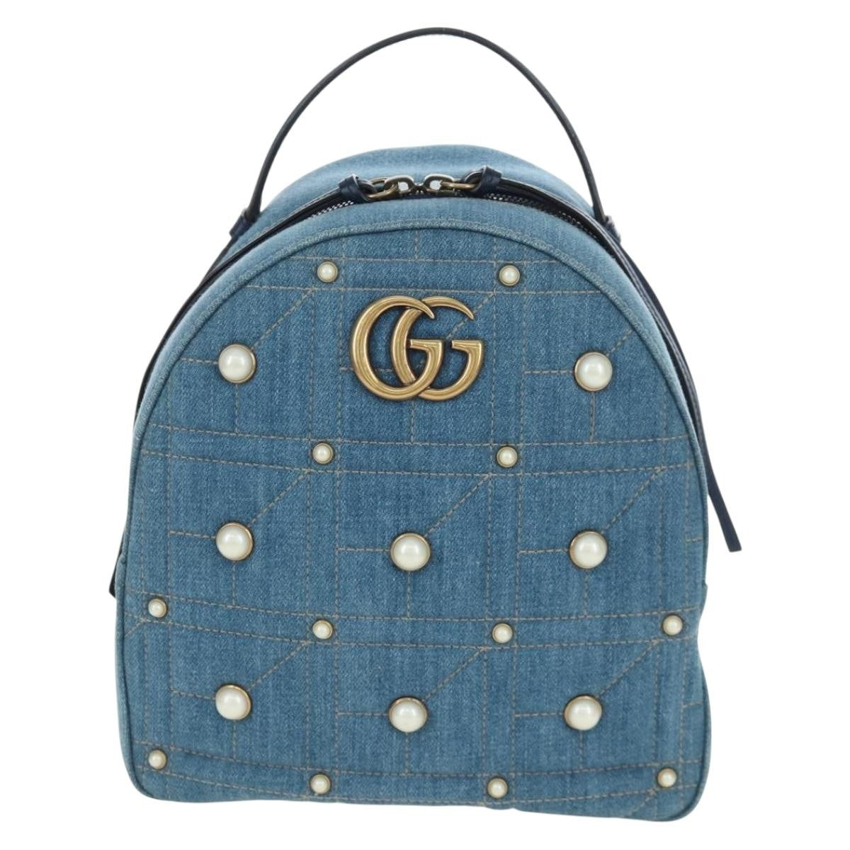 Gucci Pearly Gg Marmont Embellished Matelasse Denim Blue Denim_Jeans Backpack Bag (Pre-Owned)