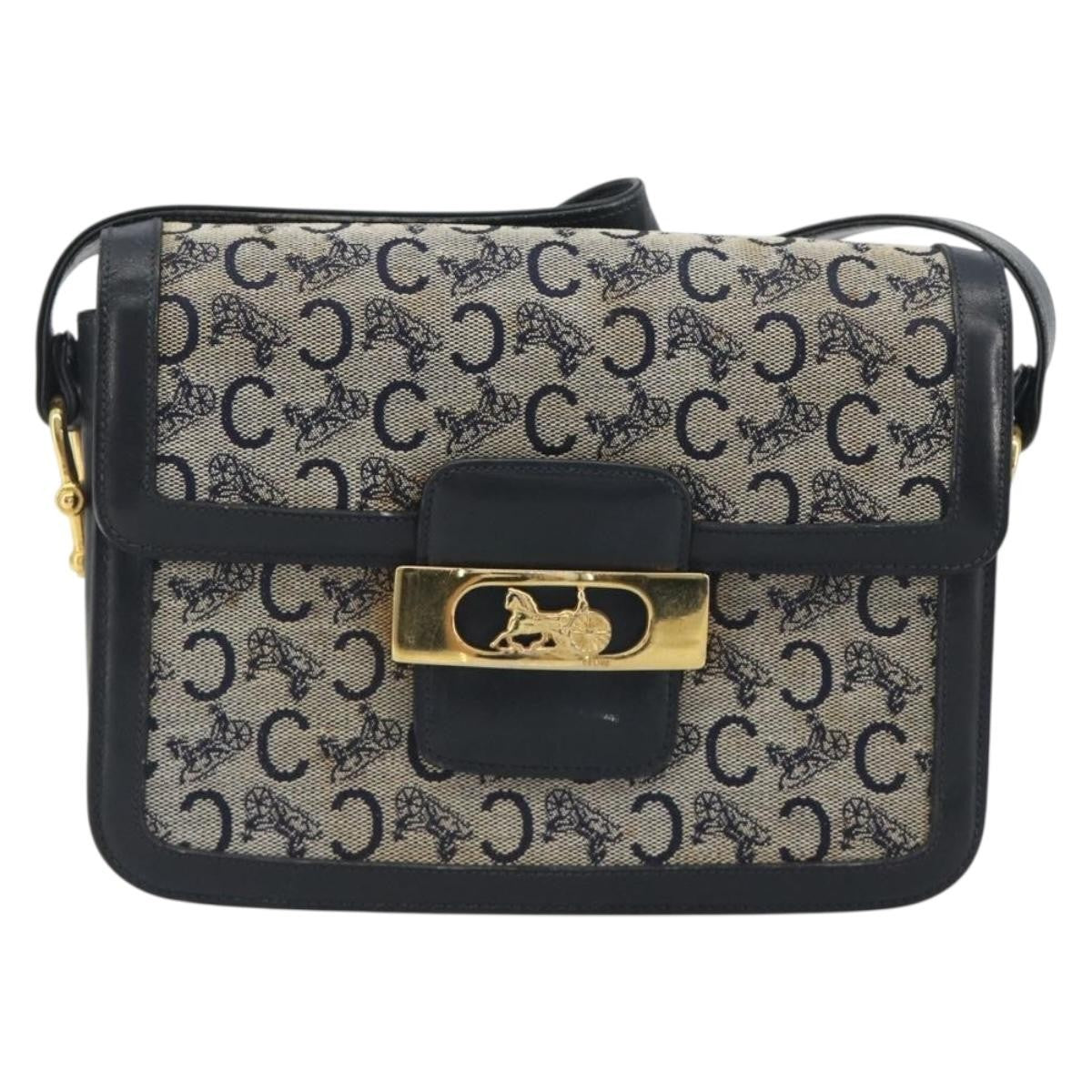 Celine Vintage Horse Carriage C Macadam Canvas And Leather Navy Canvas Shoulder Bag Bag (Pre-Owned)