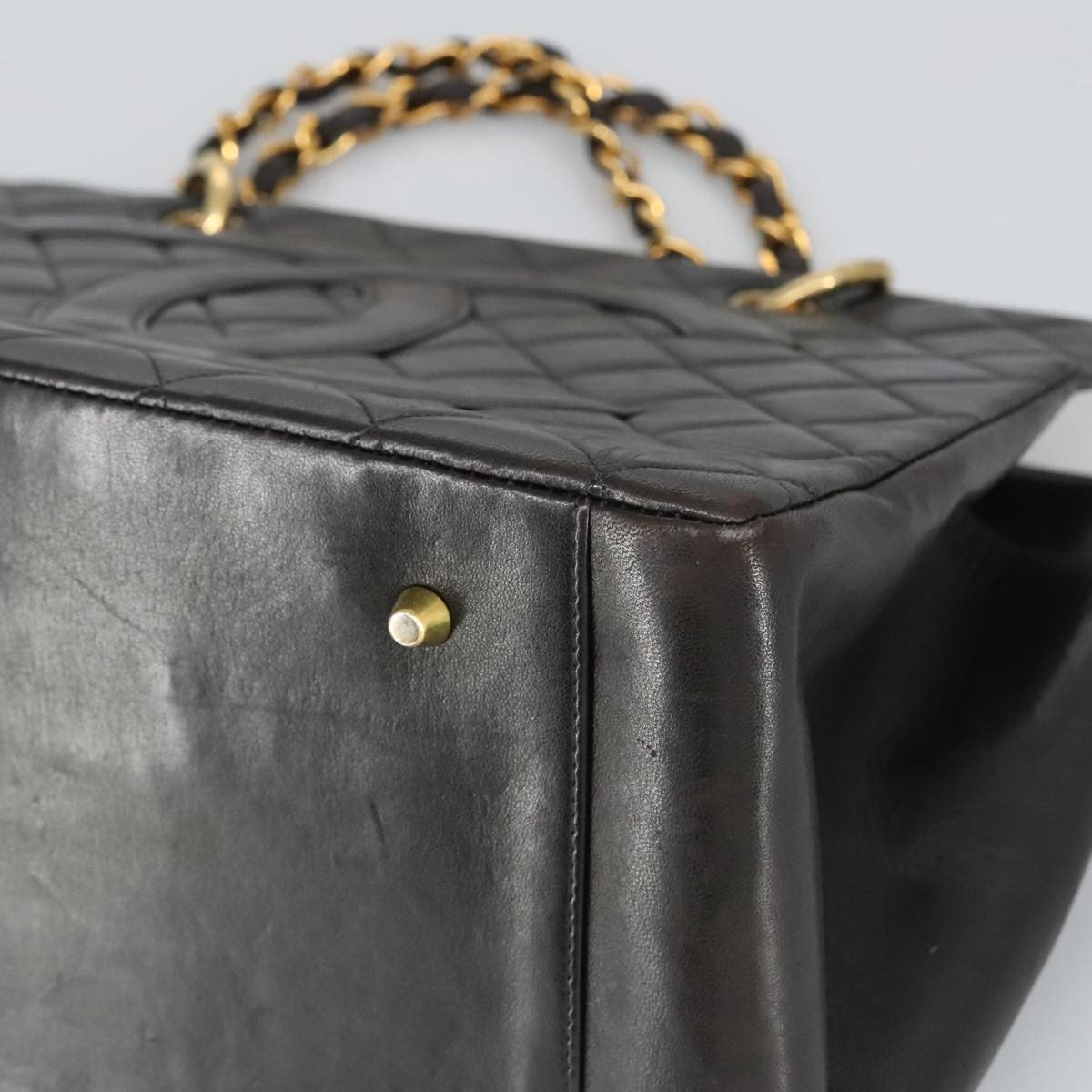 Chanel Vintage Grand Shopping Tote Quilted Lambskin Black Leather Tote Bag Bag (Pre-Owned)