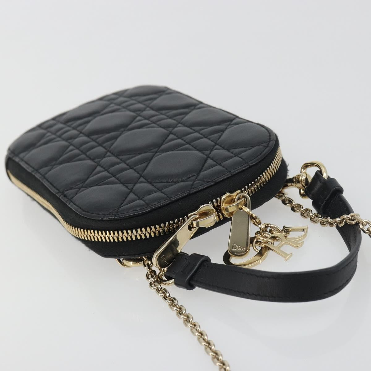 Christian Dior Lady Dior Phone Holder On Chain Cannage Quilt Lambskin Black Leather Shoulder Bag Bag (Pre-Owned)