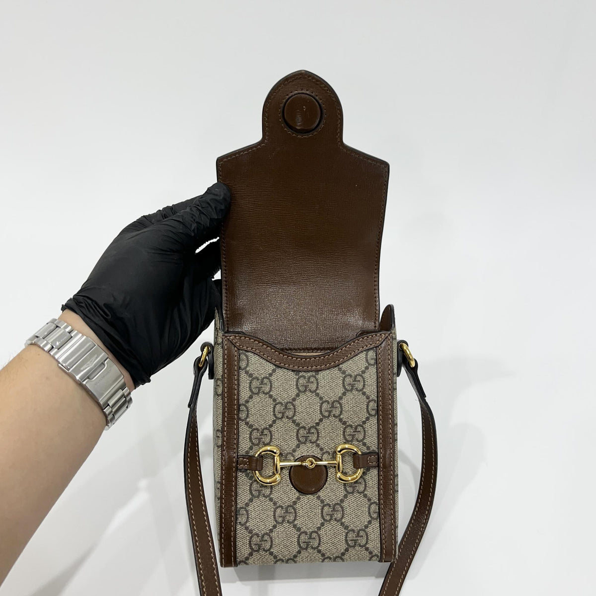 Gucci Horsebit 1955 Gg Coated Canvas With Leather Brown Canvas Crossbody Bag Bag (Pre-Owned)
