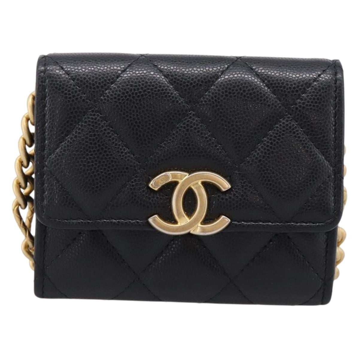 Chanel Plate Logo Cc Flap Card Holder On Chain Quilted Caviar Black Leather Clutche & Pouche Bag (Pre-Owned)