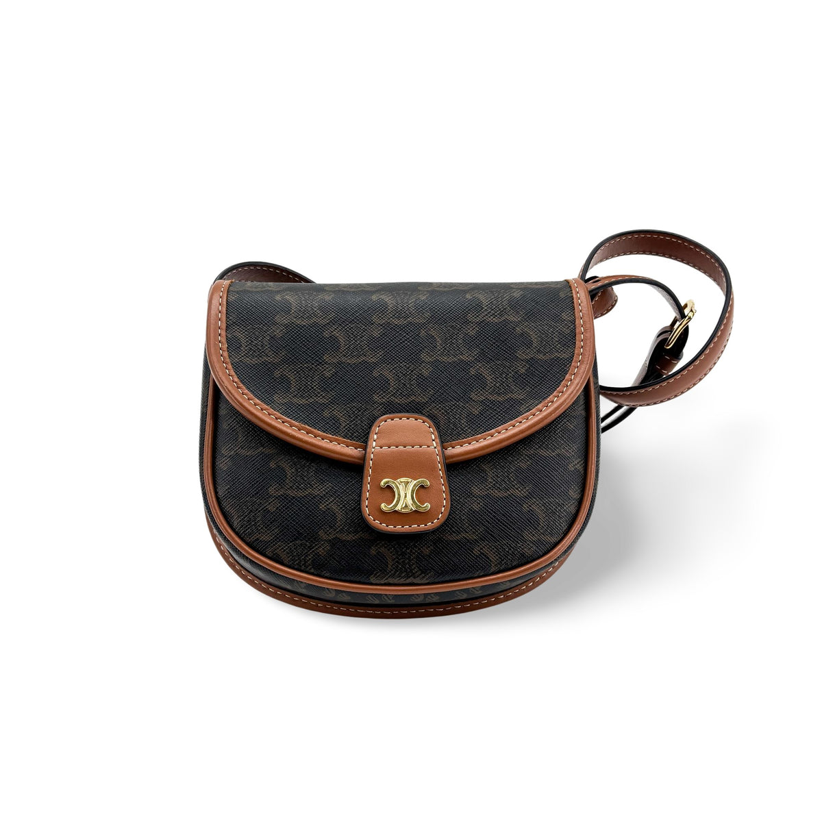 Celine Besace Flap Triomphe Coated Canvas Black Calfskin Handbag (Pre-Owned)