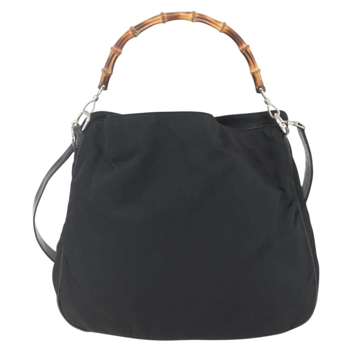 Gucci Vintage Bamboo Handle Open Hobo Nylon Black Nylon Handbag (Pre-Owned)
