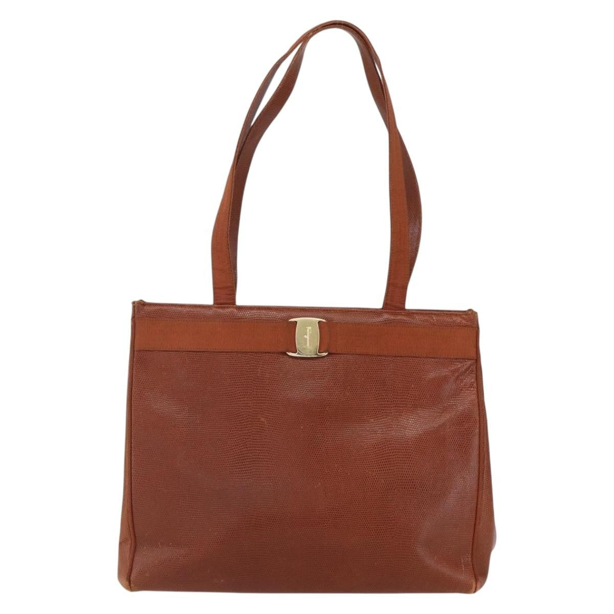 Salvatore Ferragamo Vintage Vara Bow Tote Lizard Embossed Leather Brown Leather Tote Bag Bag (Pre-Owned)