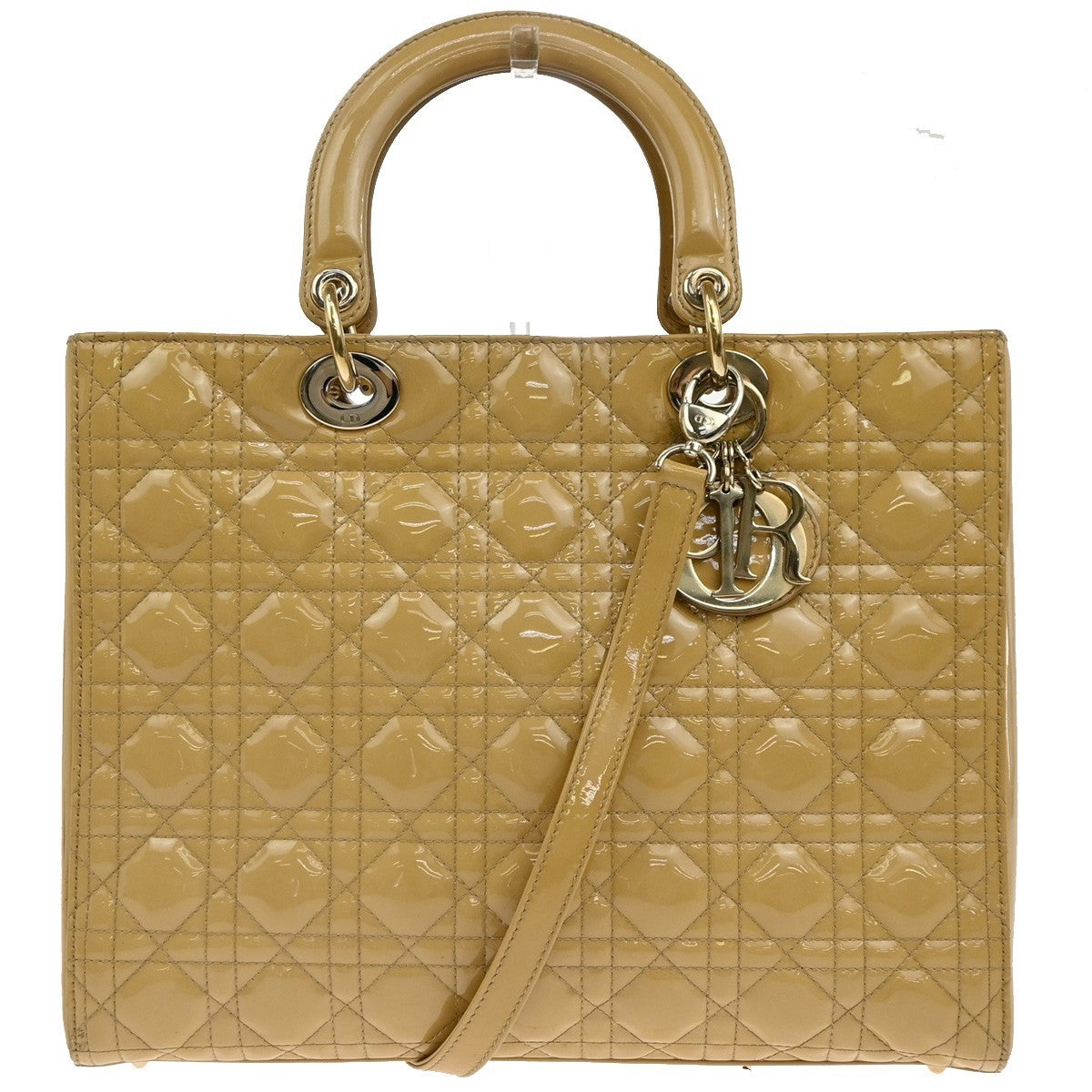 Christian Dior Lady Dior Cannage Quilt Patent Yellow Patent_Leather Handbag (Pre-Owned)