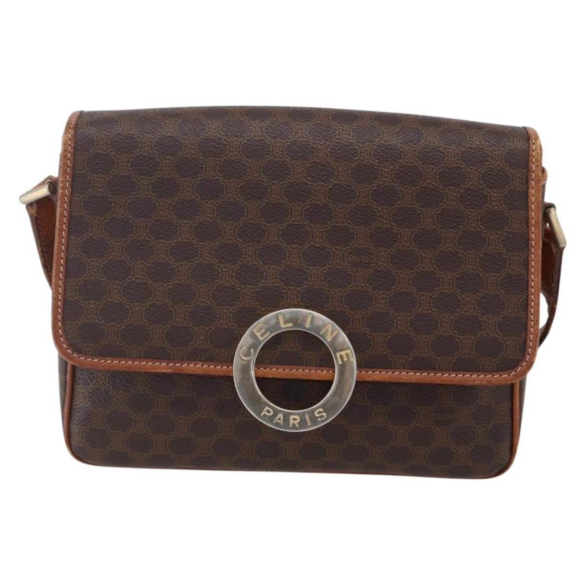 Celine Vintage Macadam Circle Logo Canvas And Leather Brown Canvas Shoulder Bag Bag (Pre-Owned)