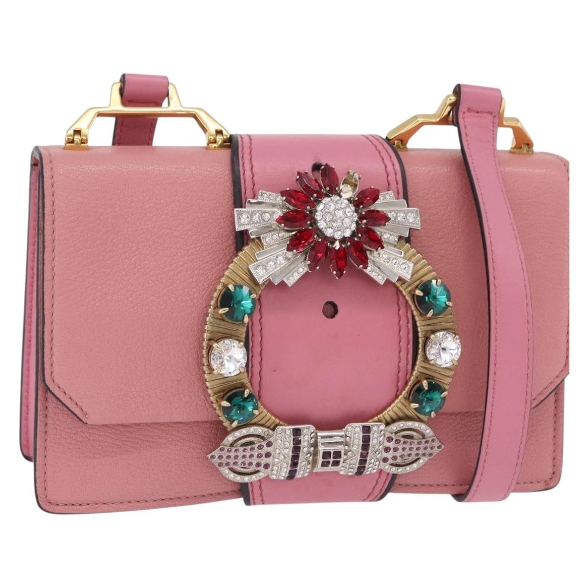Miu Miu Madras Crystal Buckle Leather Pink Leather Shoulder Bag Bag (Pre-Owned)