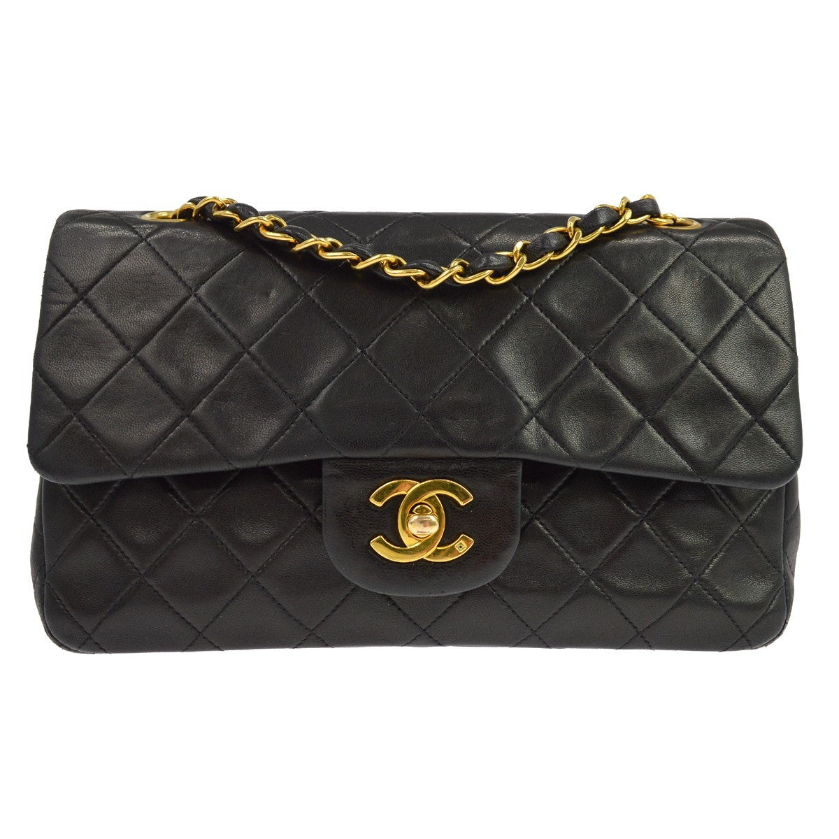 Chanel Vintage Classic Double Flap Quilted Lambskin Black Leather Shoulder Bag Bag (Pre-Owned)