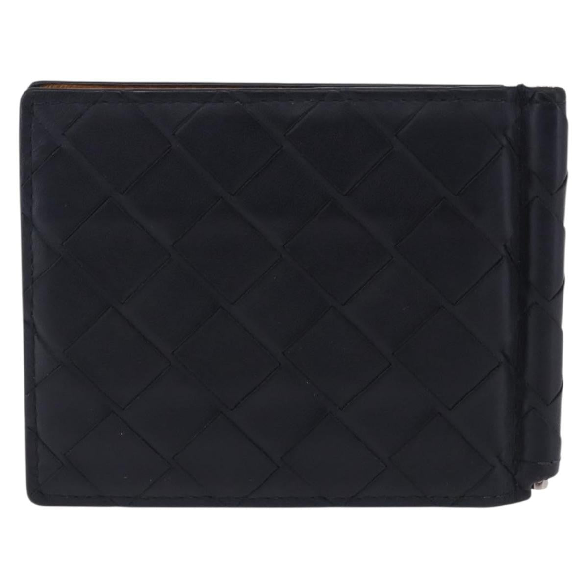 Bottega Veneta Bifold Card Holder Intercciato Leather Navy Leather Card Holders Accessory (Pre-Owned)