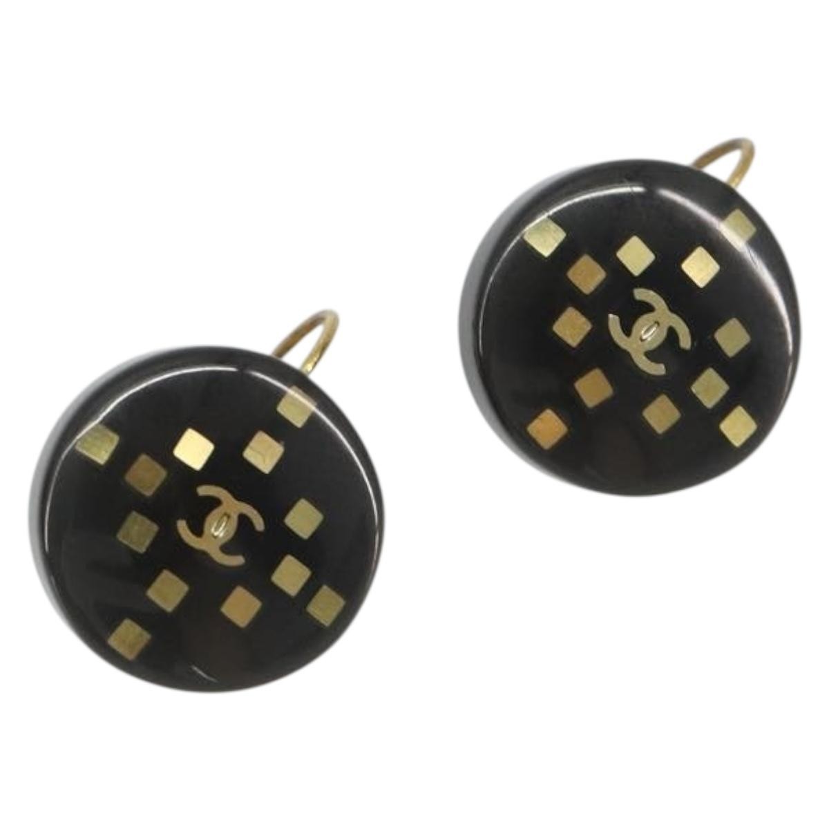 Chanel Cc Round Stud Metal And Resin Black Plastic Earrings Jewelry (Pre-Owned)