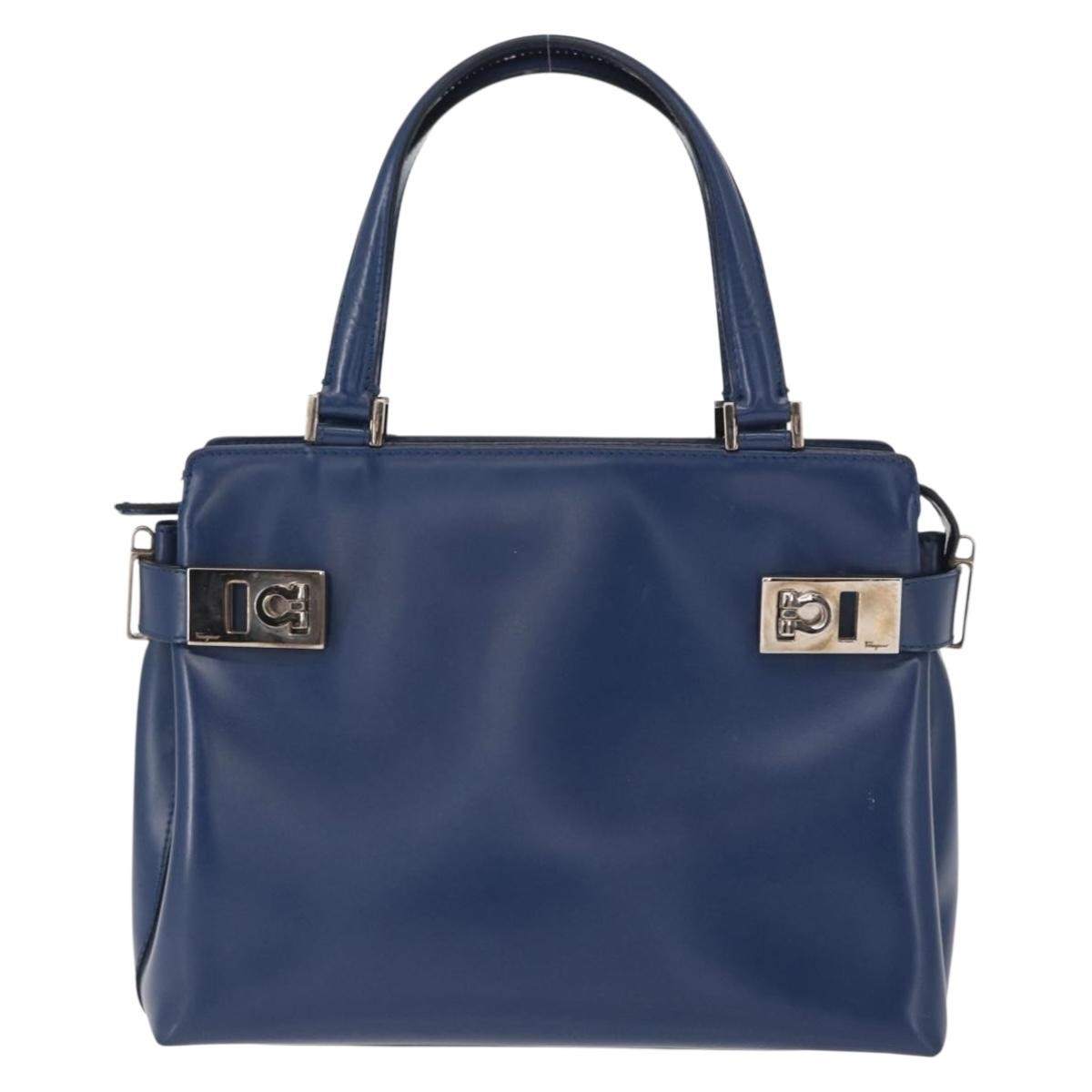 Salvatore Ferragamo Double Gancini Side Buckle Leather Blue Leather Handbag (Pre-Owned)