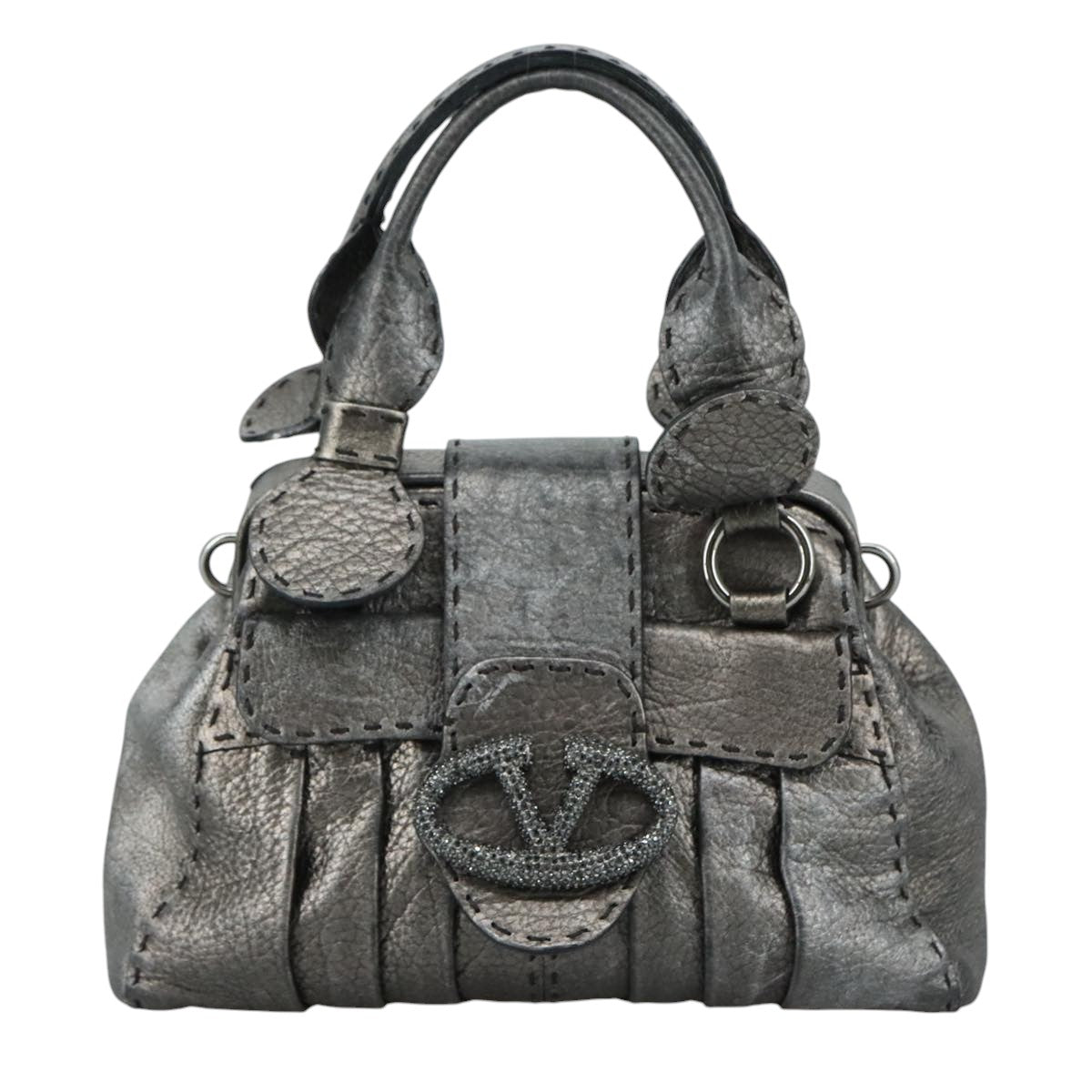 Valentino Garavani V Logo Silver Leather Handbag (Pre-Owned)