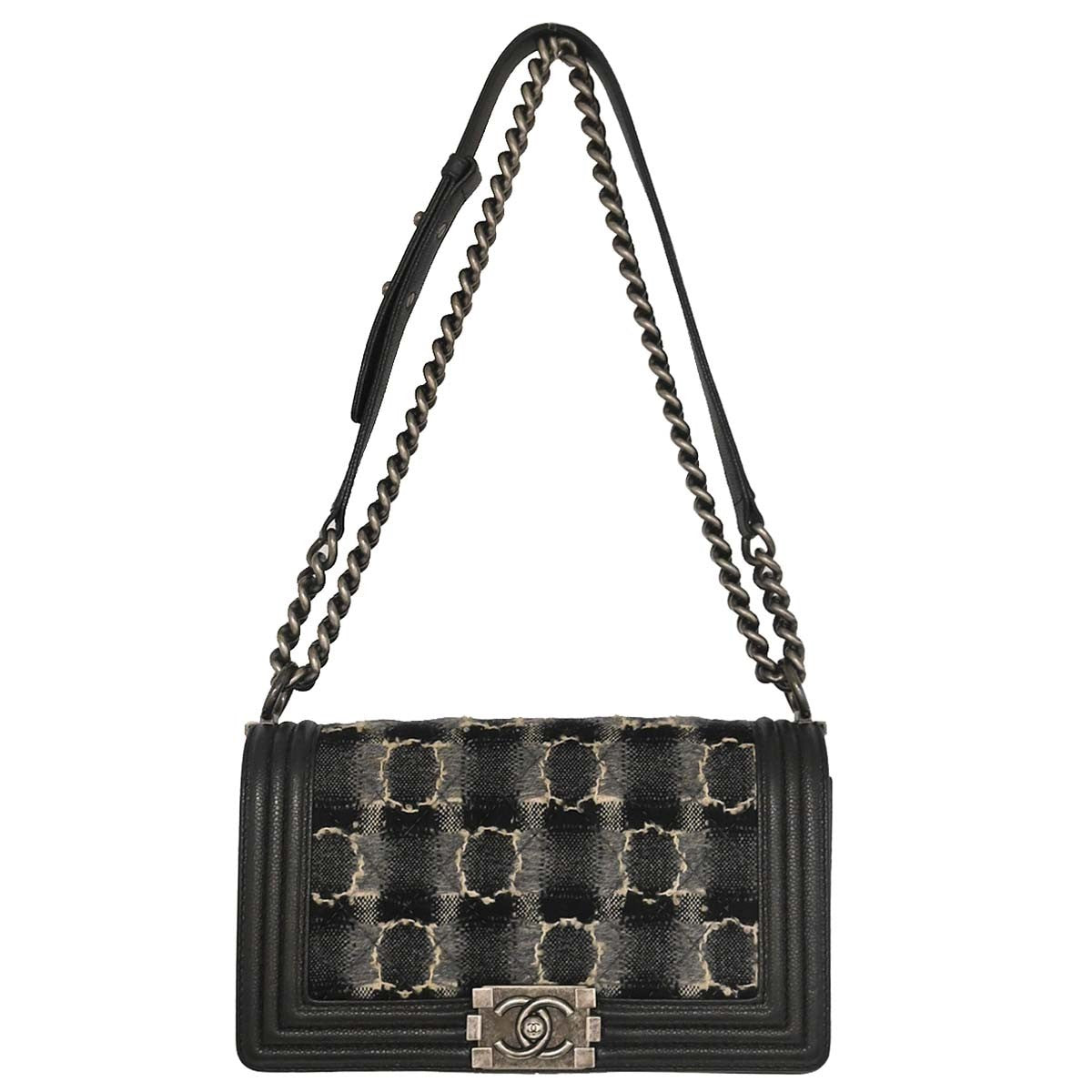 Chanel Boy Flap Tweed And Leather Black Leather Shoulder Bag Bag (Pre-Owned)