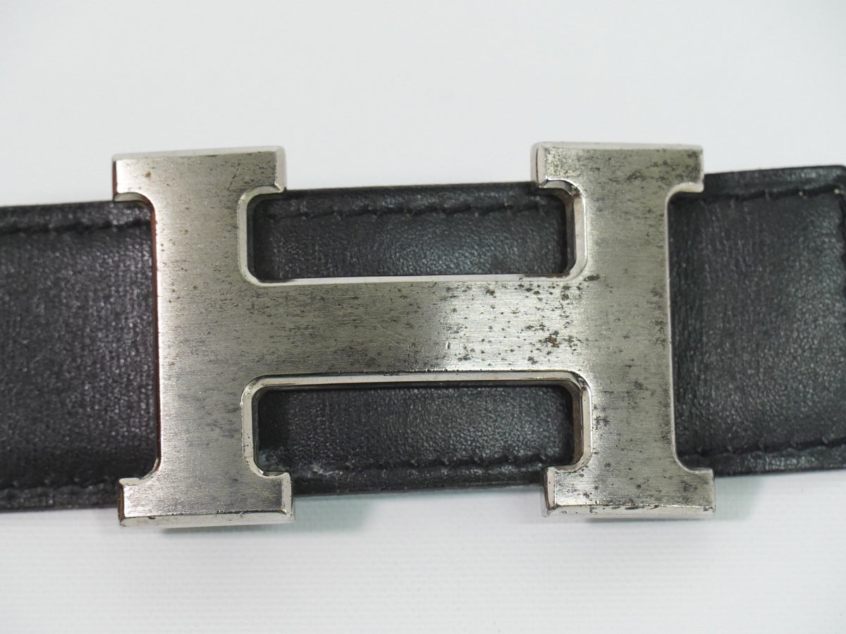 Hermes Constance Reversible Belt Leather With Guilloche Hardware Black Leather Belts Accessory (Pre-Owned)