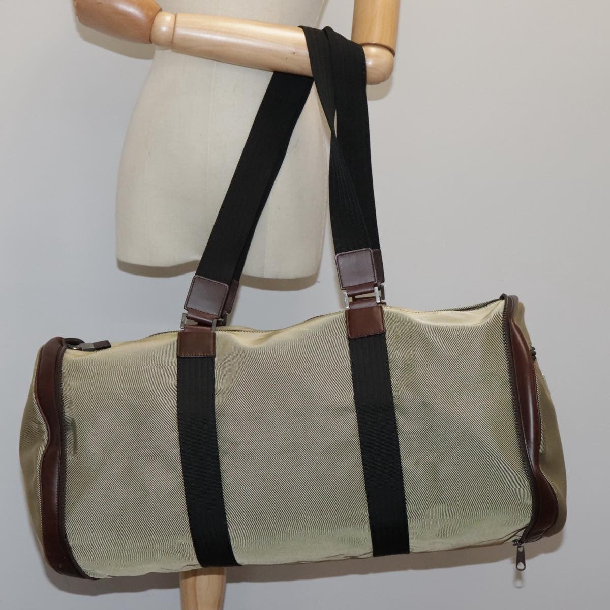 Salvatore Ferragamo Boston Leather Beige Canvas Handbag (Pre-Owned)