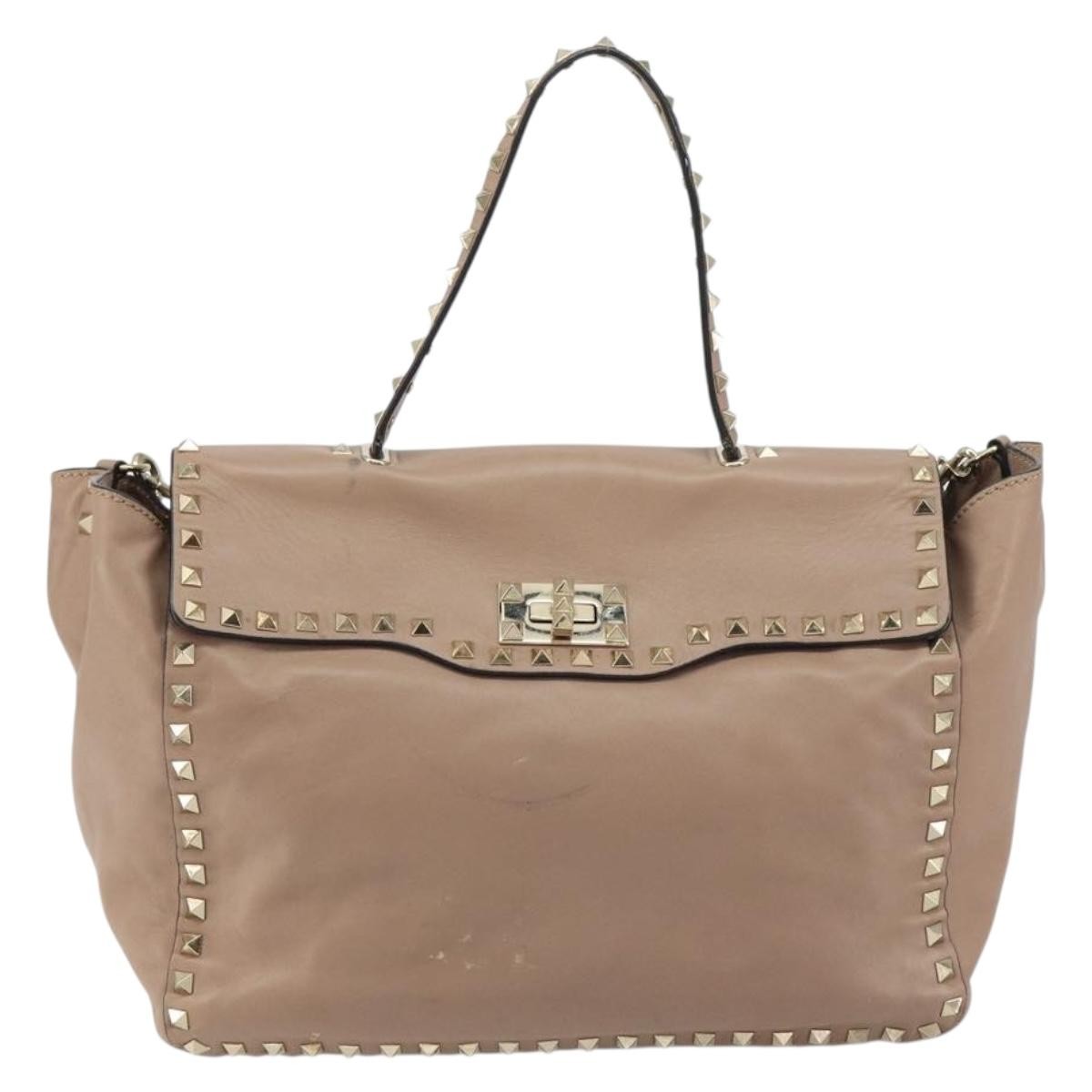 Valentino Garavani Rockstud Tote Soft Leather Beige Leather Tote Bag Bag (Pre-Owned)
