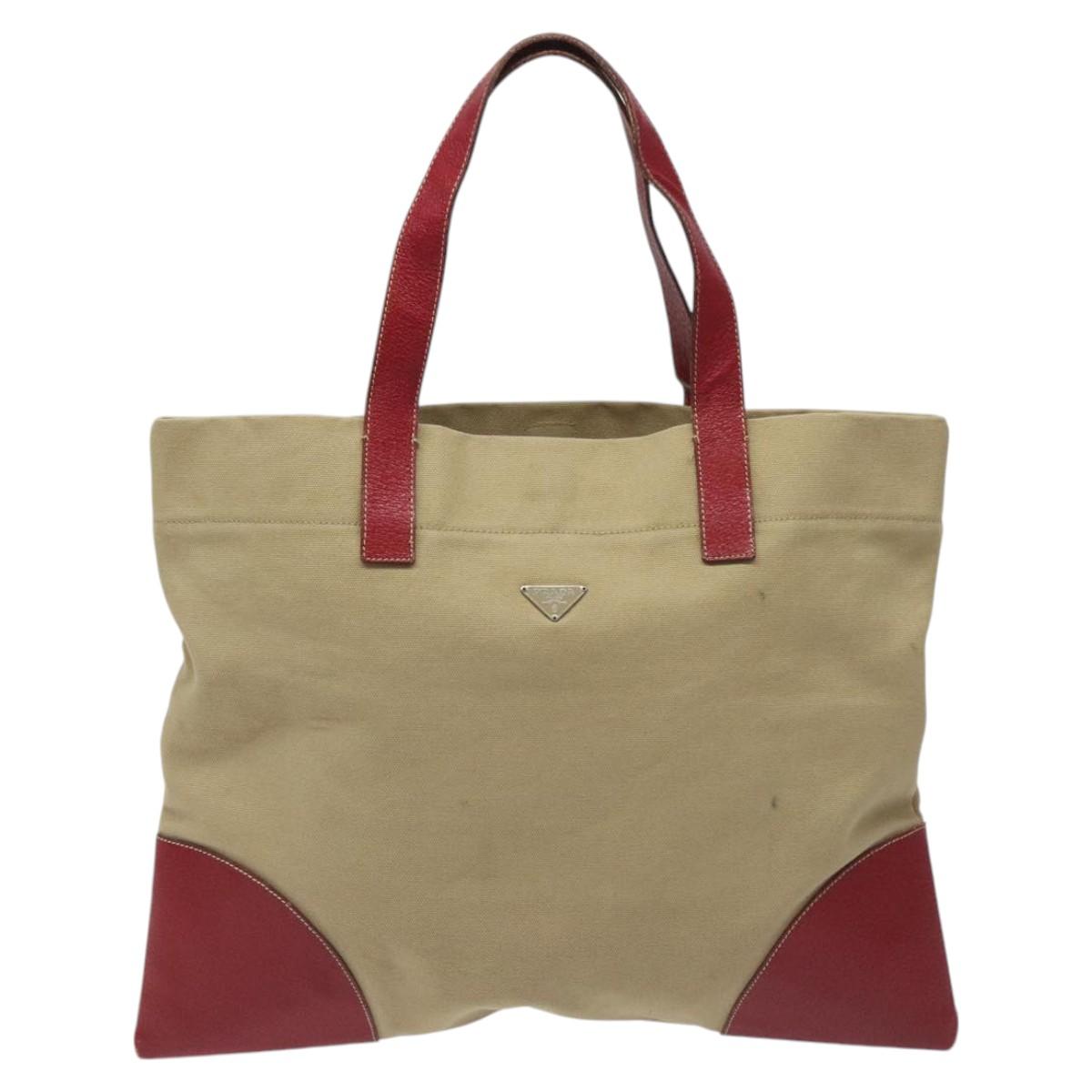 Prada Triangle Logo Beige Canvas Tote Bag (Pre-Owned)