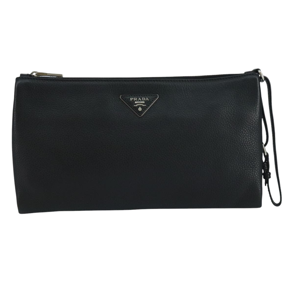 Prada Triangle Logo Black Leather Clutch Bag (Pre-Owned)