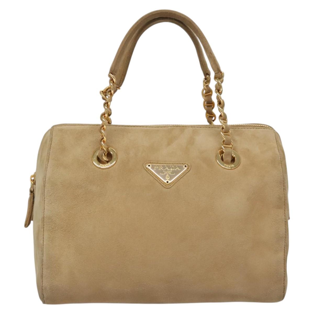 Prada Triangle Logo Beige Suede Handbag (Pre-Owned)