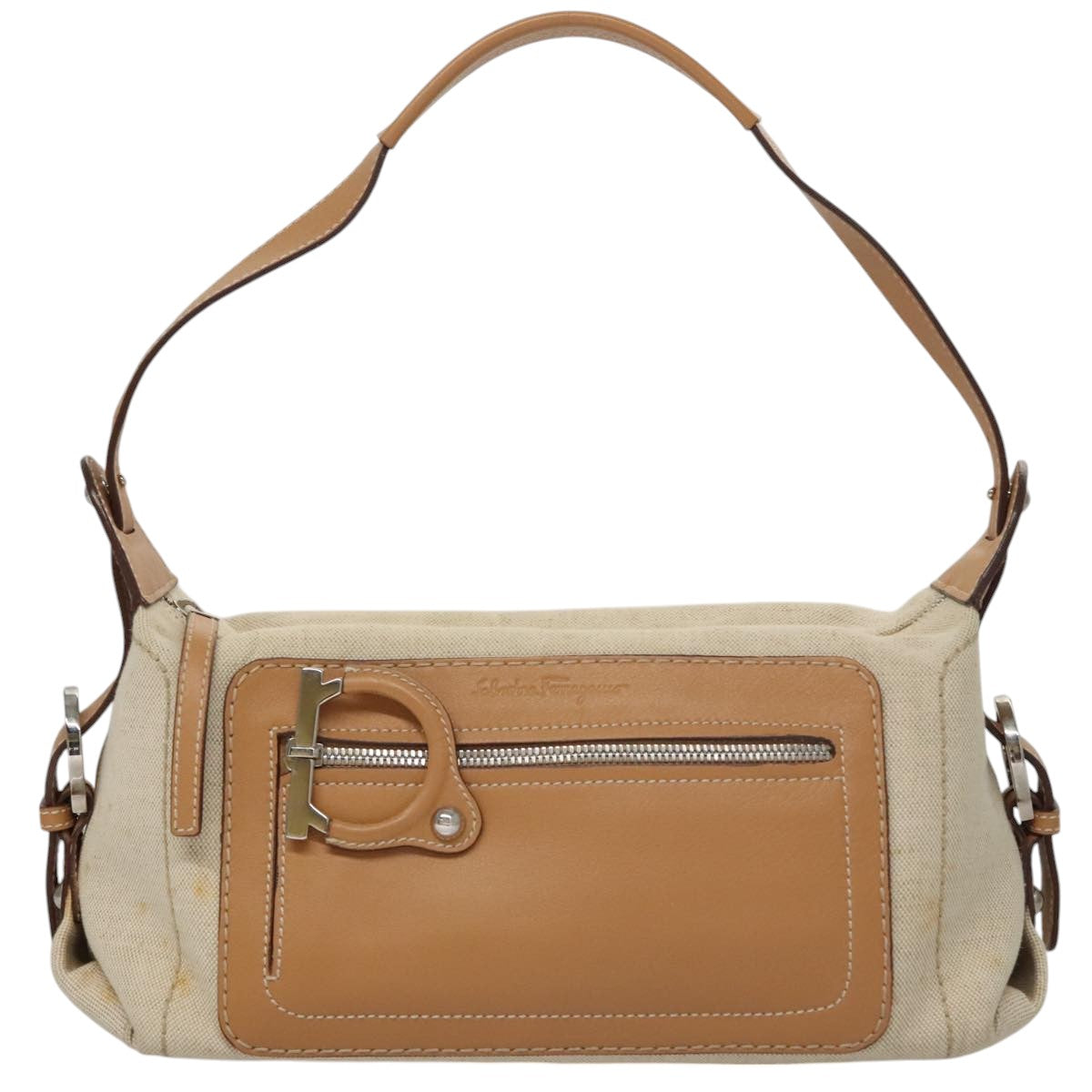 Salvatore Ferragamo Gancini Beige Canvas Shoulder Bag (Pre-Owned)