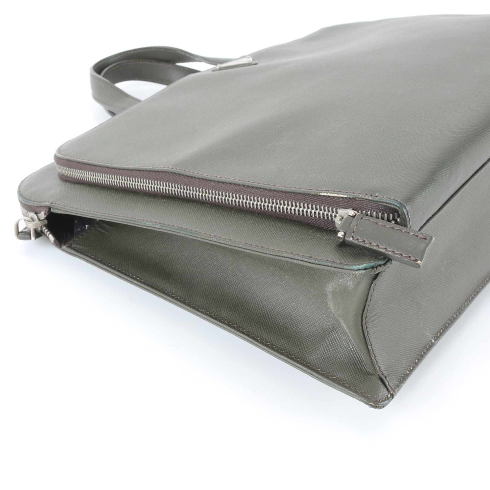 Prada Saffiano Khaki Leather Briefcase Handbag (Pre-Owned)