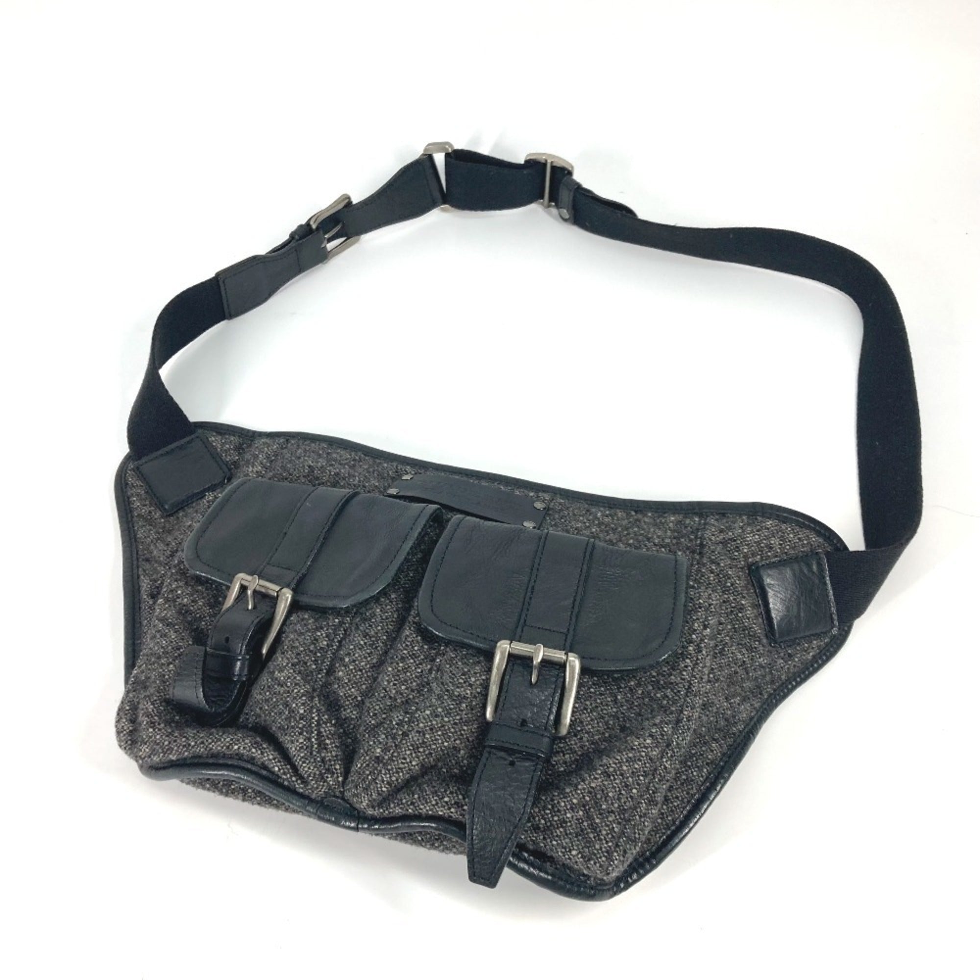 Burberry Black Label Black Gray Wool Leather Fanny Pack Shoulder Bag Sling Bag (Pre-Owned)