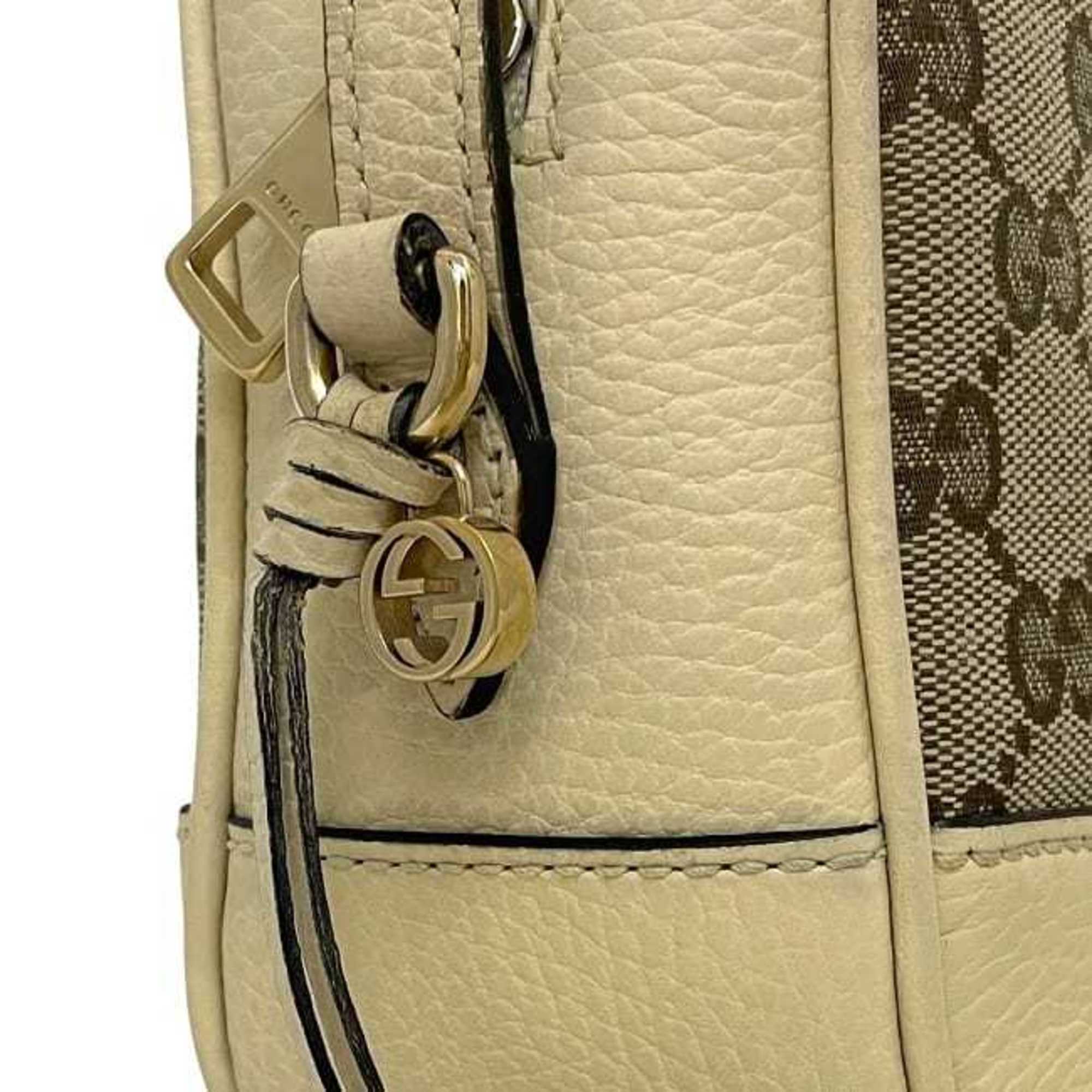 Gucci Beige White Canvas Leather Shoulder Bag (Pre-Owned)