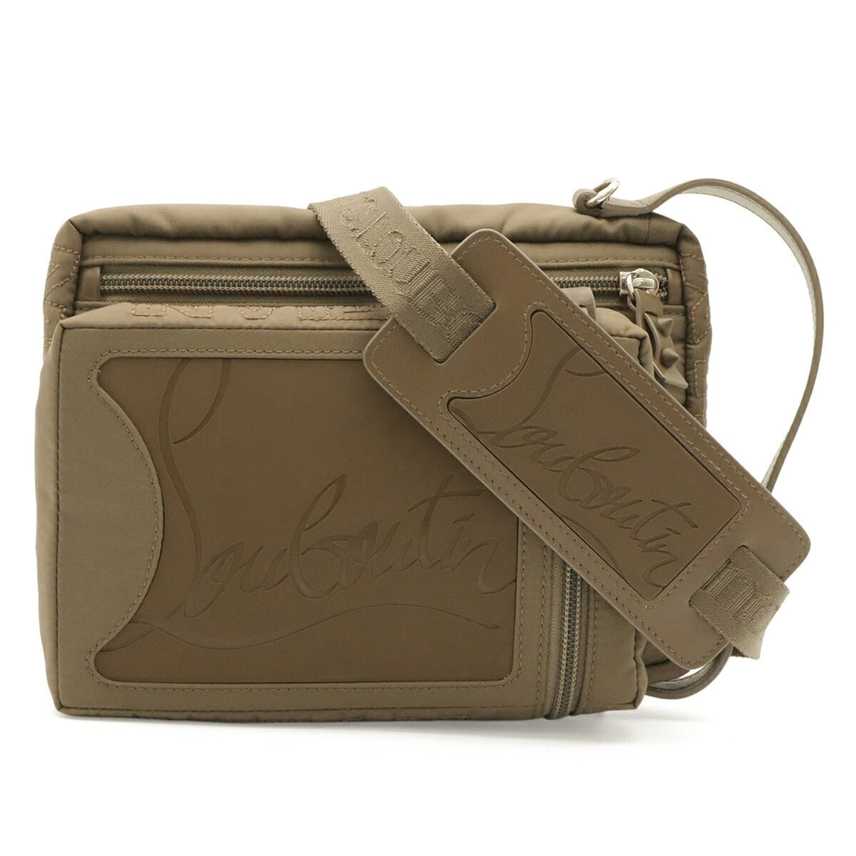 Christian Louboutin Khaki Brown Nylon Leather Rubber Handbag Shoulder Bag Sling Bag (Pre-Owned)
