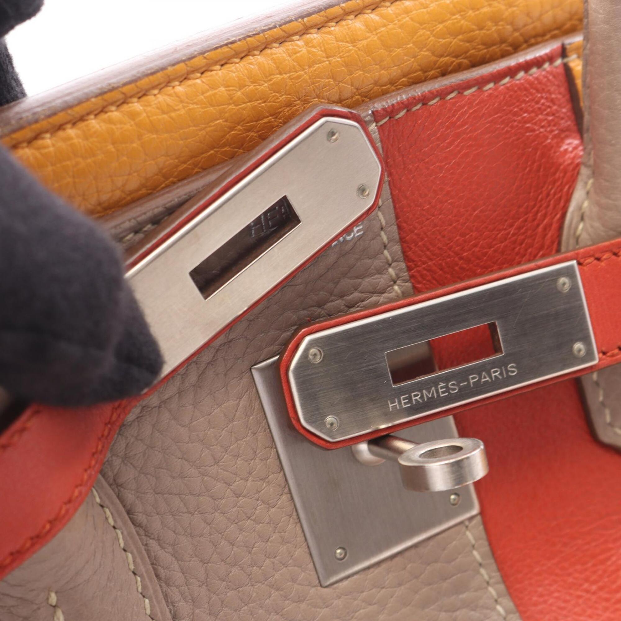 Hermes Beige Bordeaux Orange Taurillon Clemence Leather Swift Leather Handbag (Pre-Owned)
