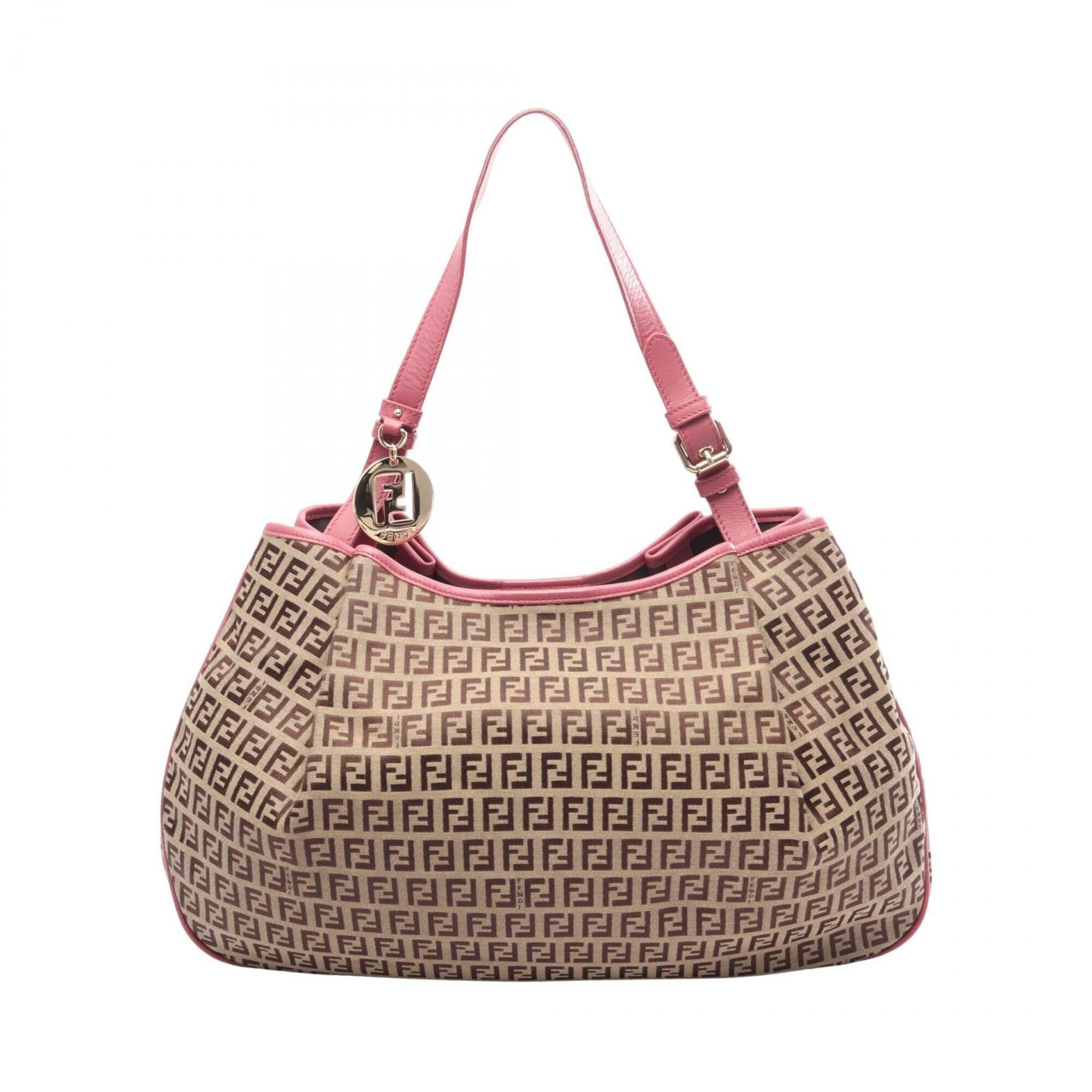 Fendi Beige Pink Canvas Leather Handbag Shoulder Bag (Pre-Owned)