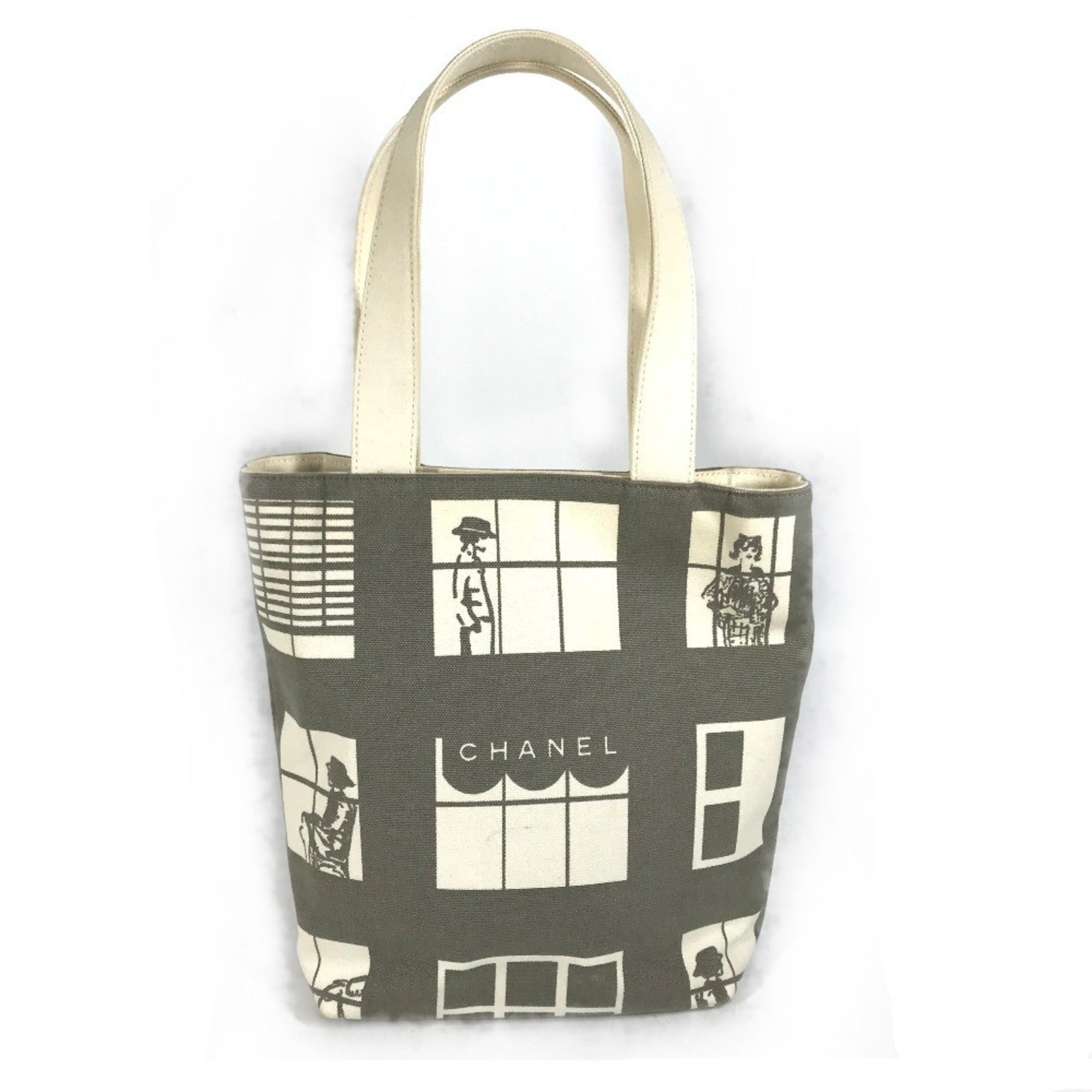 Chanel Gray White Canvas Handbag Shoulder Bag Tote Bag (Pre-Owned)