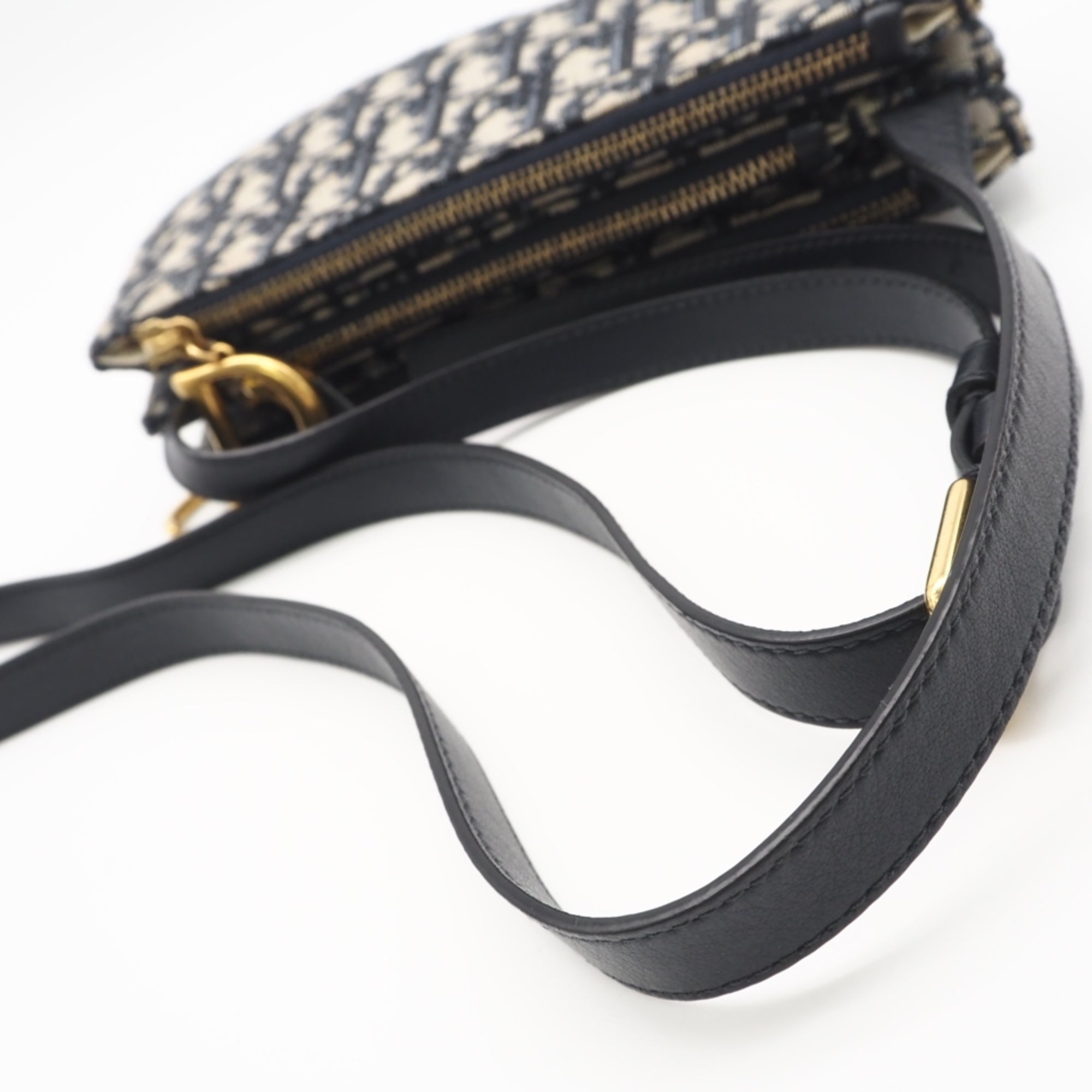Christian Dior Beige Navy Leather Canvas Pouch Shoulder Bag (Pre-Owned)