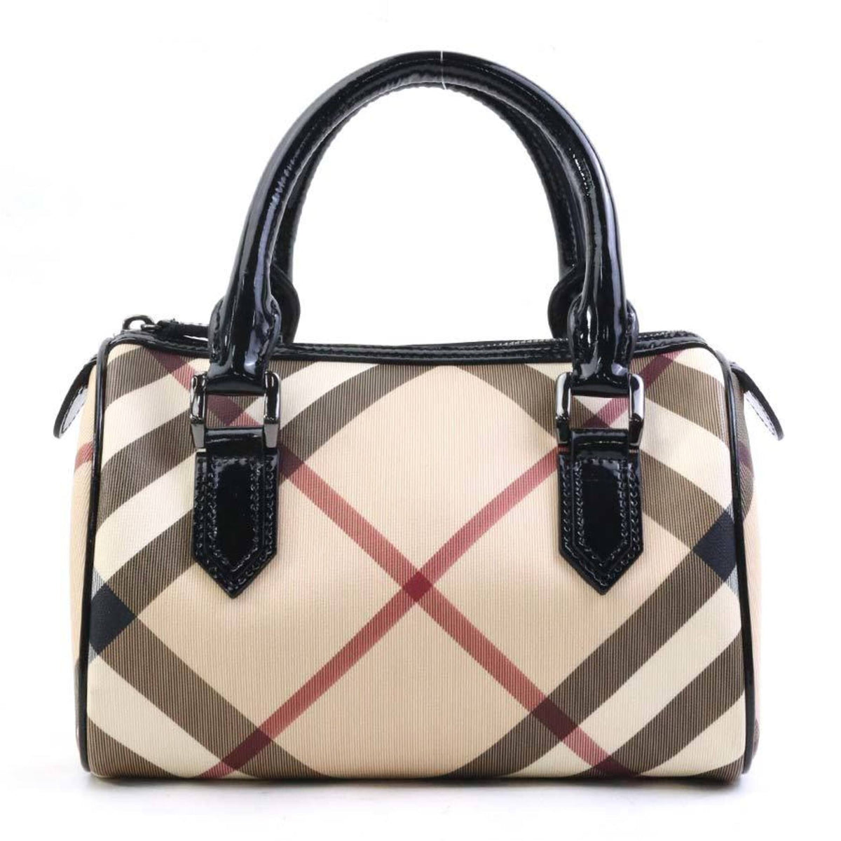 Burberry Beige Black Coated Canvas Patent Leather Handbag (Pre-Owned)